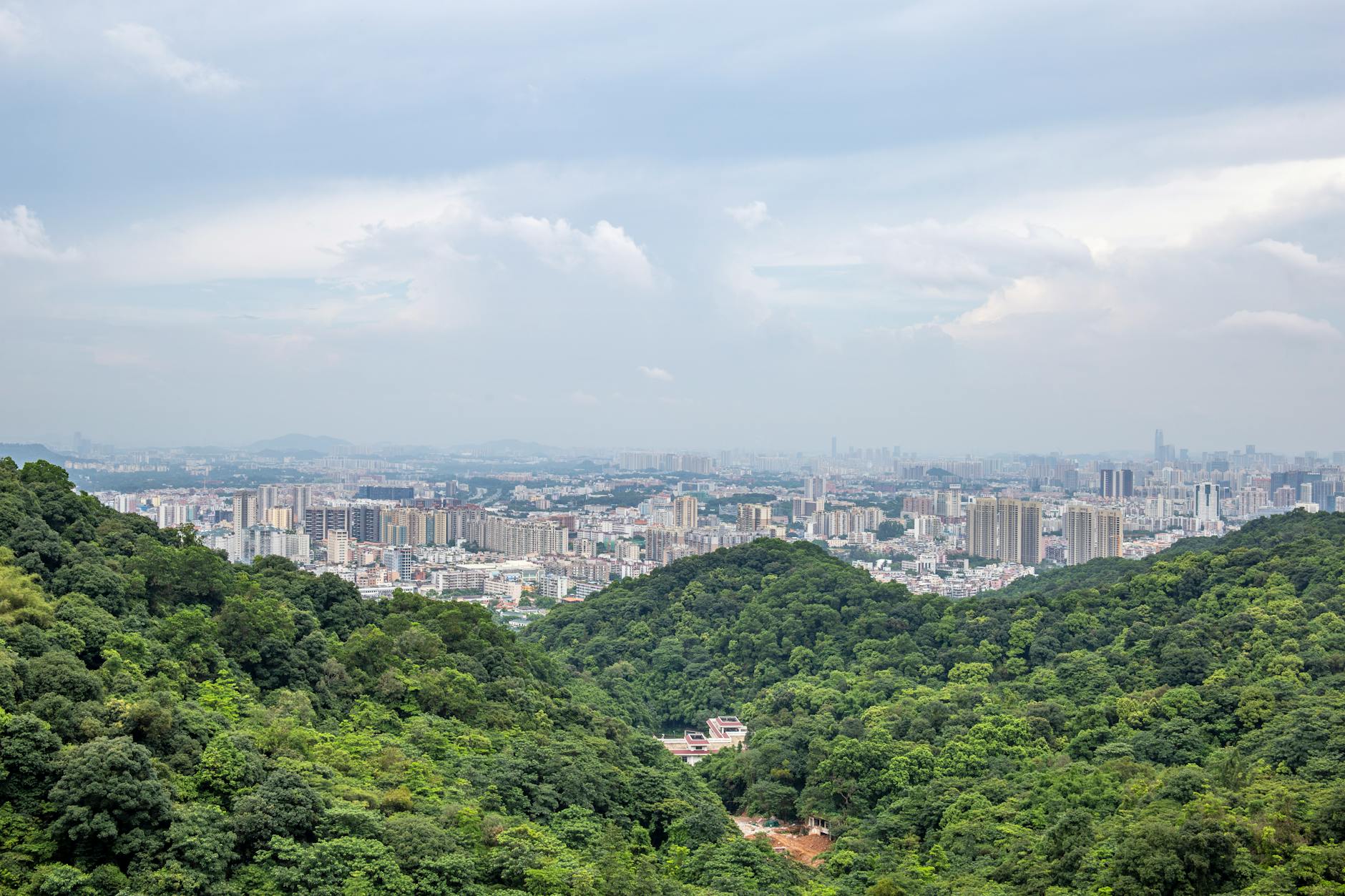 Aerial view of a city's skyline surrounded by dense forest greenery under a cloudy sky.