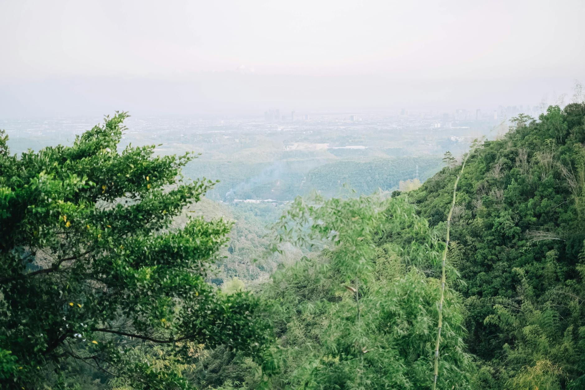 Expansive view of lush green mountains against a distant cityscape horizon.