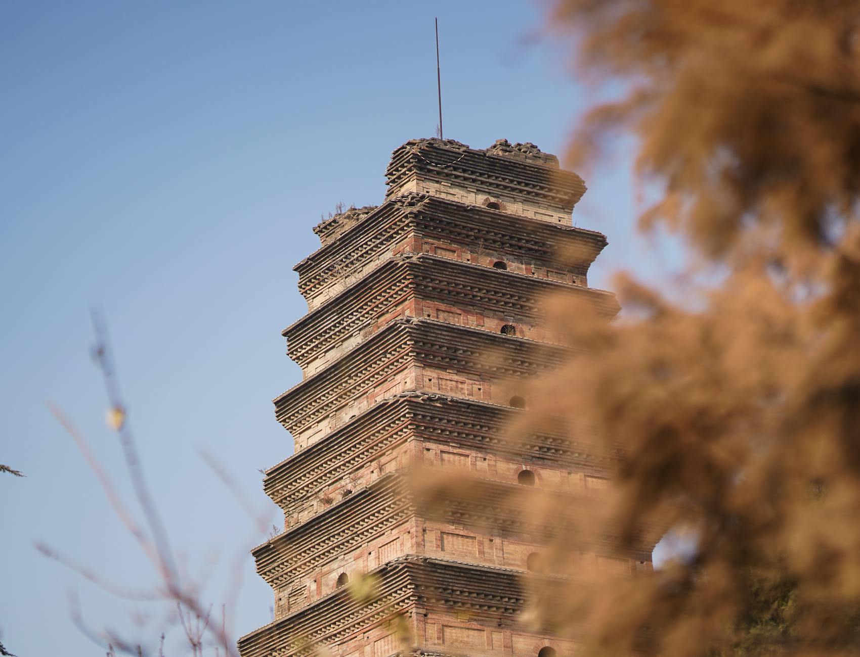 A historic brick tower with ornate design partially obscured by autumn foliage.