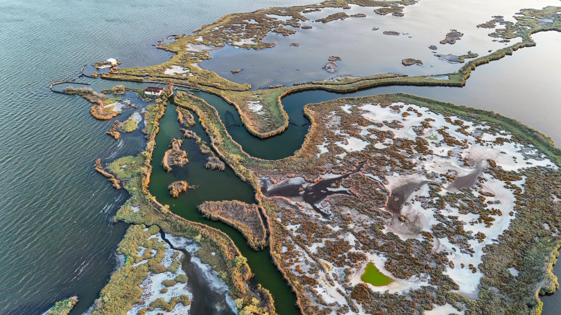 Stunning aerial view of Greek coastal wetlands with unique formations and vegetation.