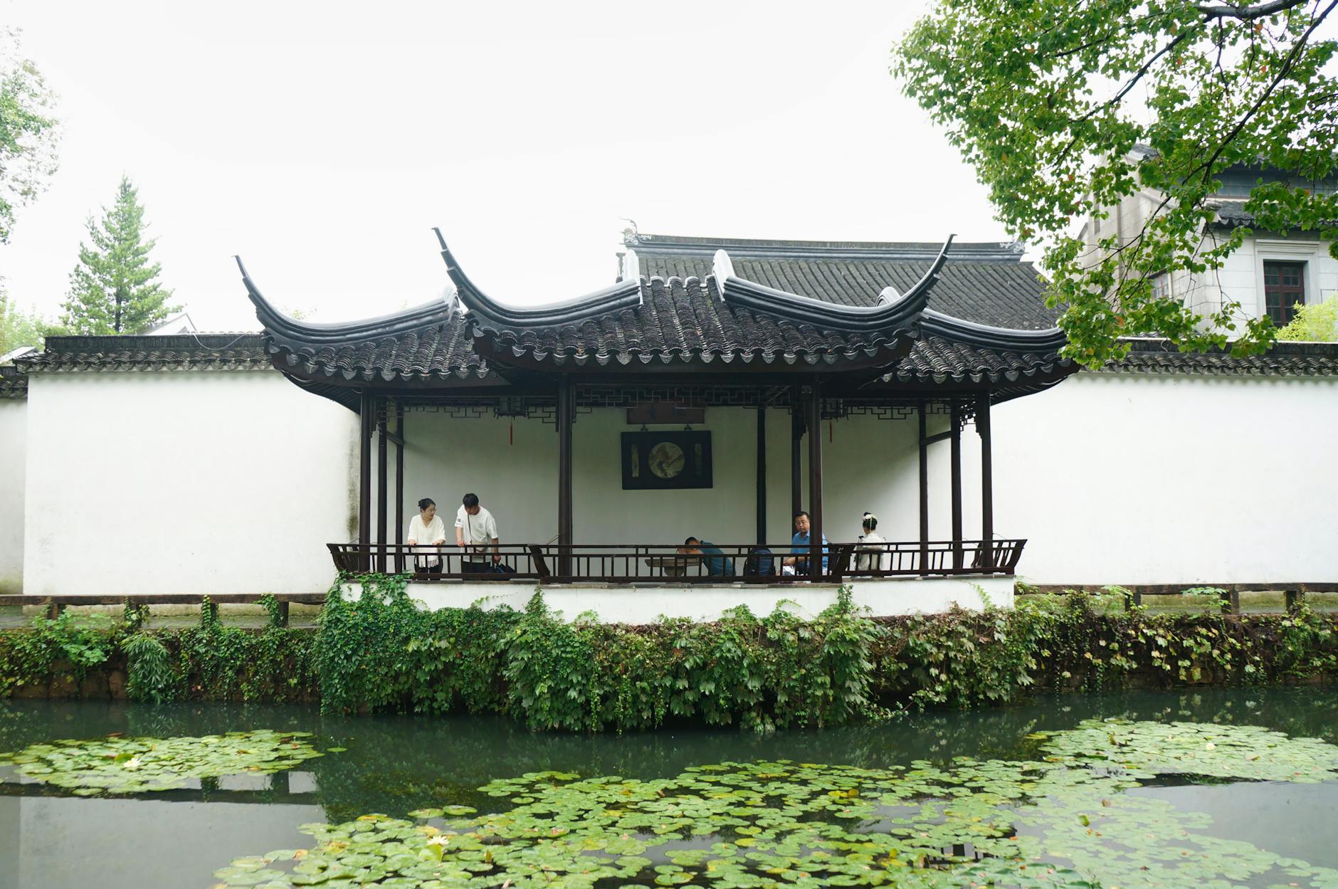 Elegant Chinese garden pavilion over a tranquil pond with lush greenery.
