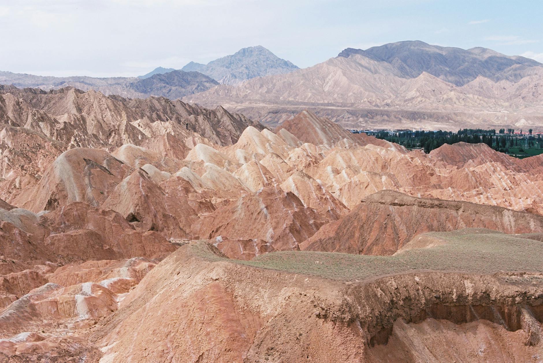 A breathtaking landscape view of the colorful rock formations in Zhangye National Geopark.