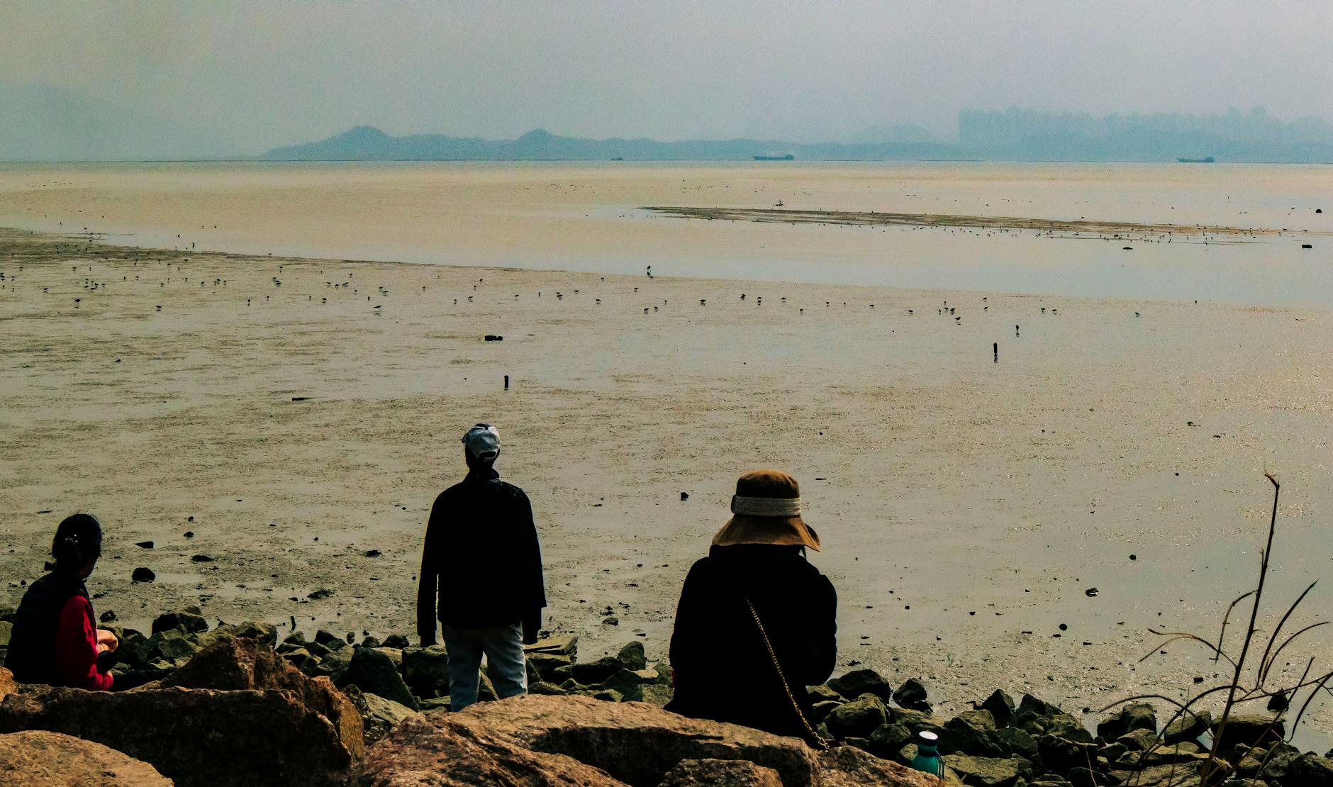 People enjoying a calm day along the lakeshore in Shenzhen, China.