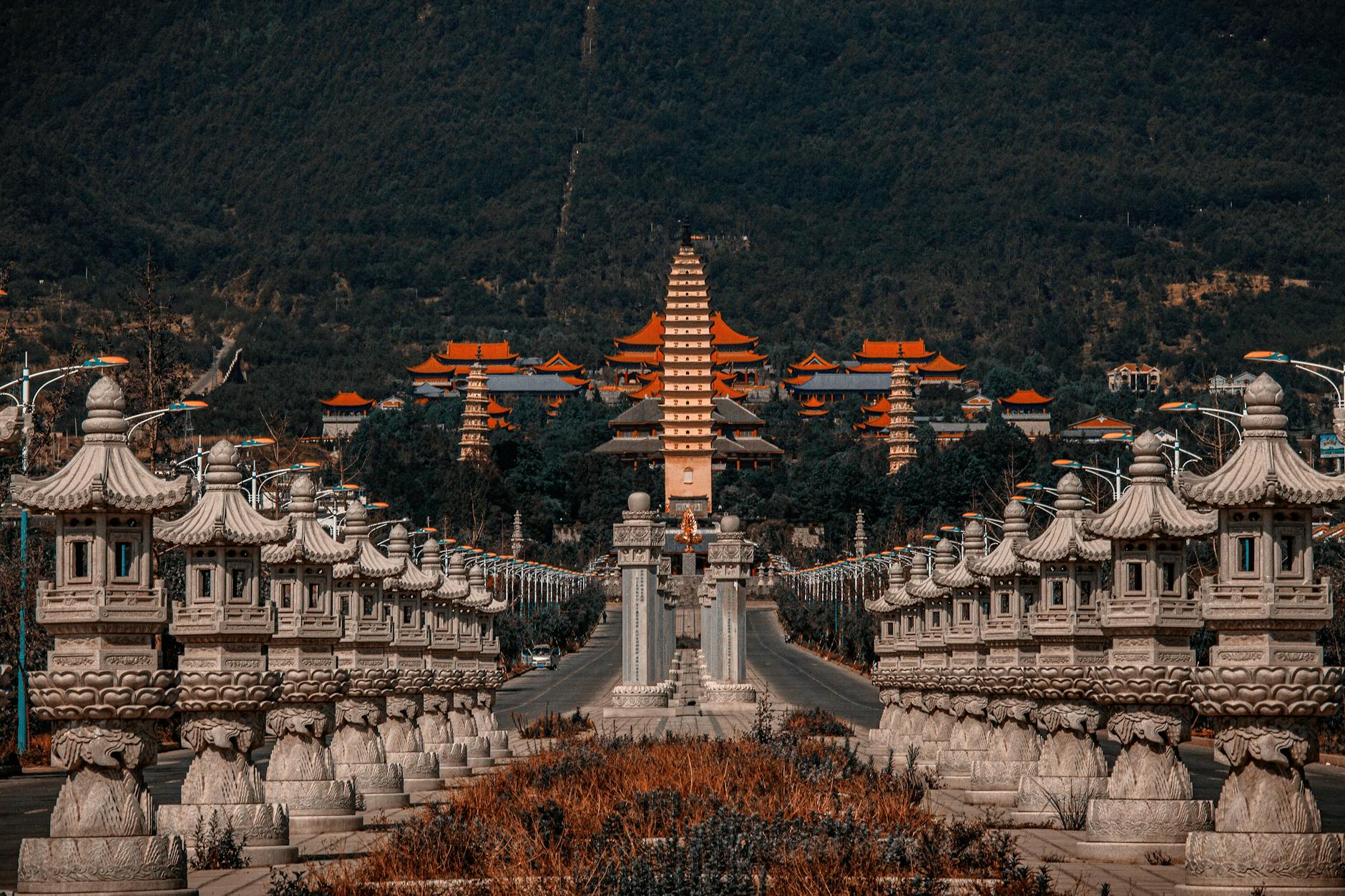 Explore the stunning traditional architecture of a picturesque Chinese pagoda complex, rich in cultural history and religious significance.
