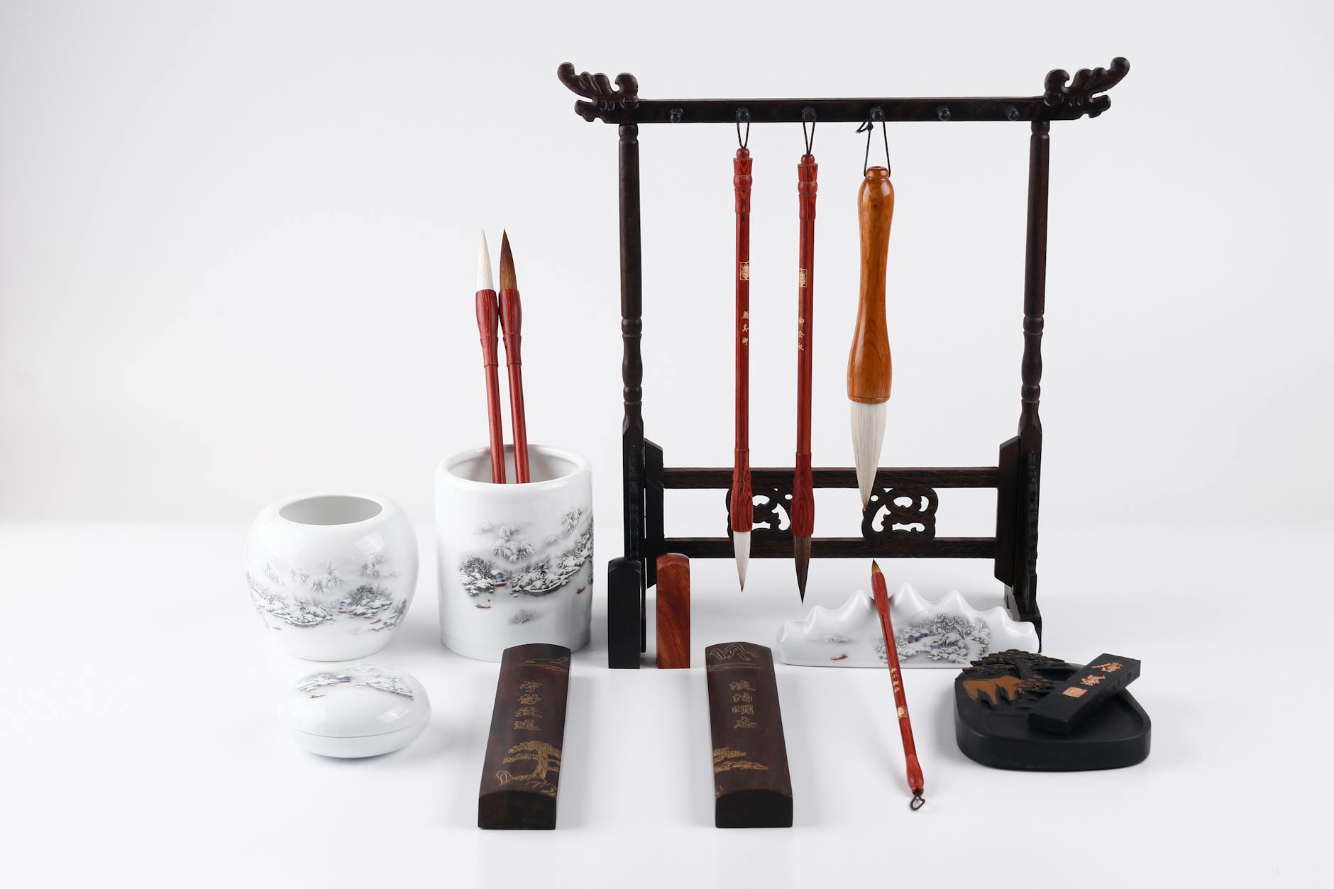Authentic Chinese brush pen holder with calligraphy set, perfect for art and tradition enthusiasts.