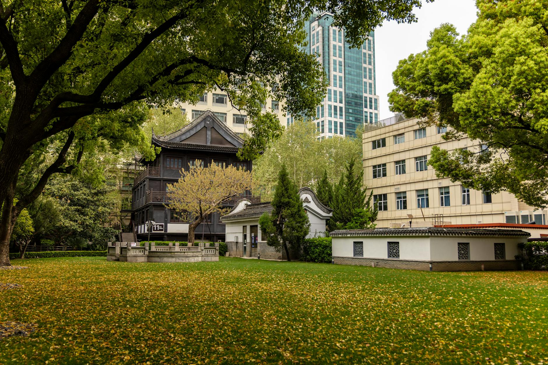 A tranquil city park featuring a traditional wooden pavilion surrounded by lush greenery.