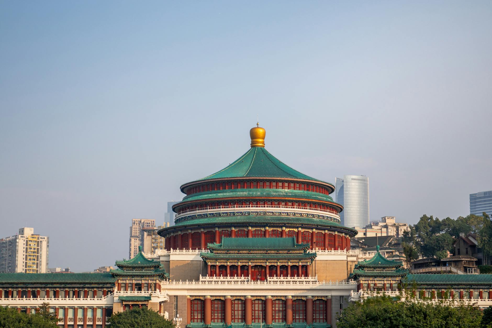 The iconic Great Hall of the People with its distinctive architecture in Chongqing, China.