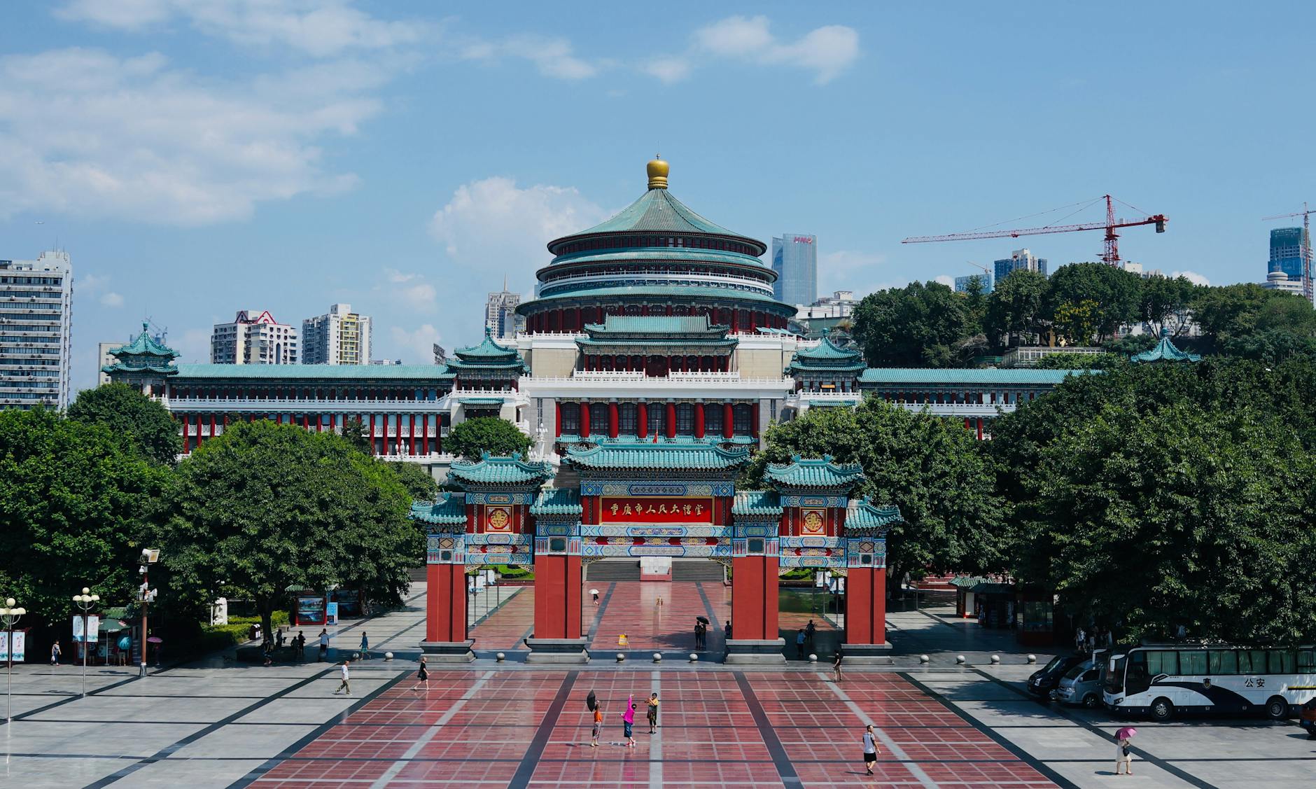 Stunning view of the Great Hall of the People in Chongqing, showcasing traditional Chinese architecture.