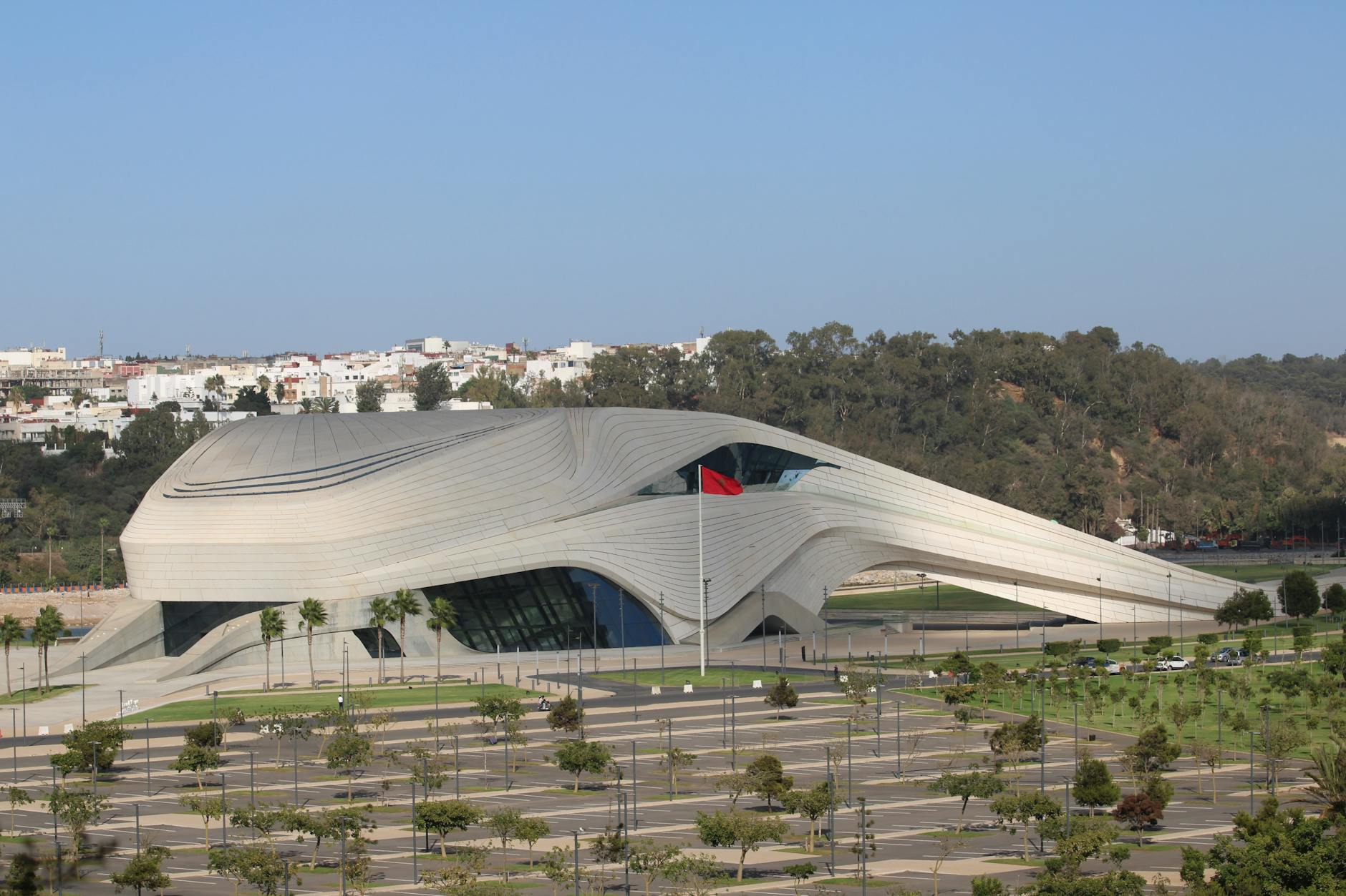 Striking modern architecture of national theater in Rabat, reflecting contemporary design.