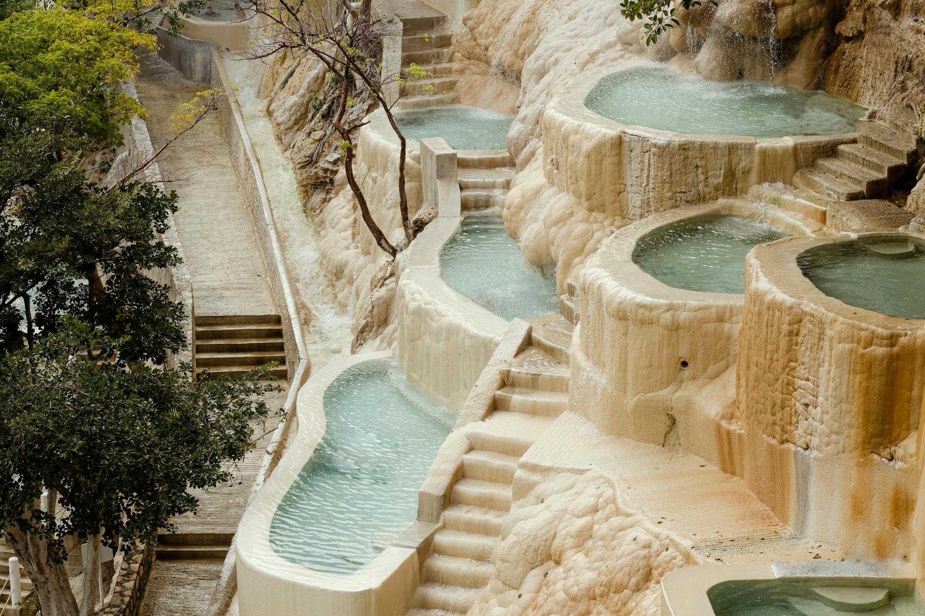 Natural hot spring pools with stunning rock formations at Tolantongo, Mexico.