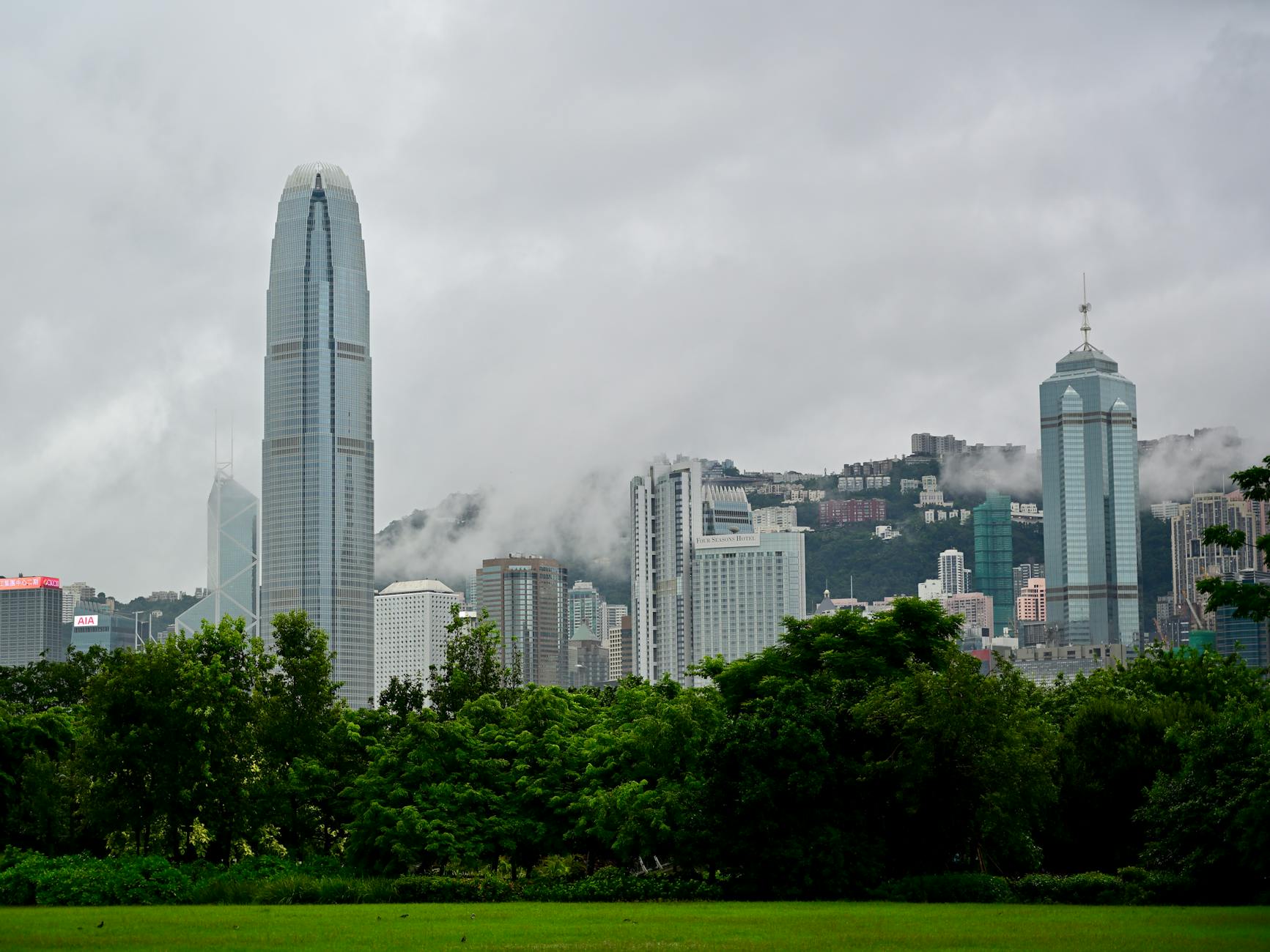 Majestic skyline of Hong Kong with fog enveloping iconic skyscrapers and lush greenery in foreground.