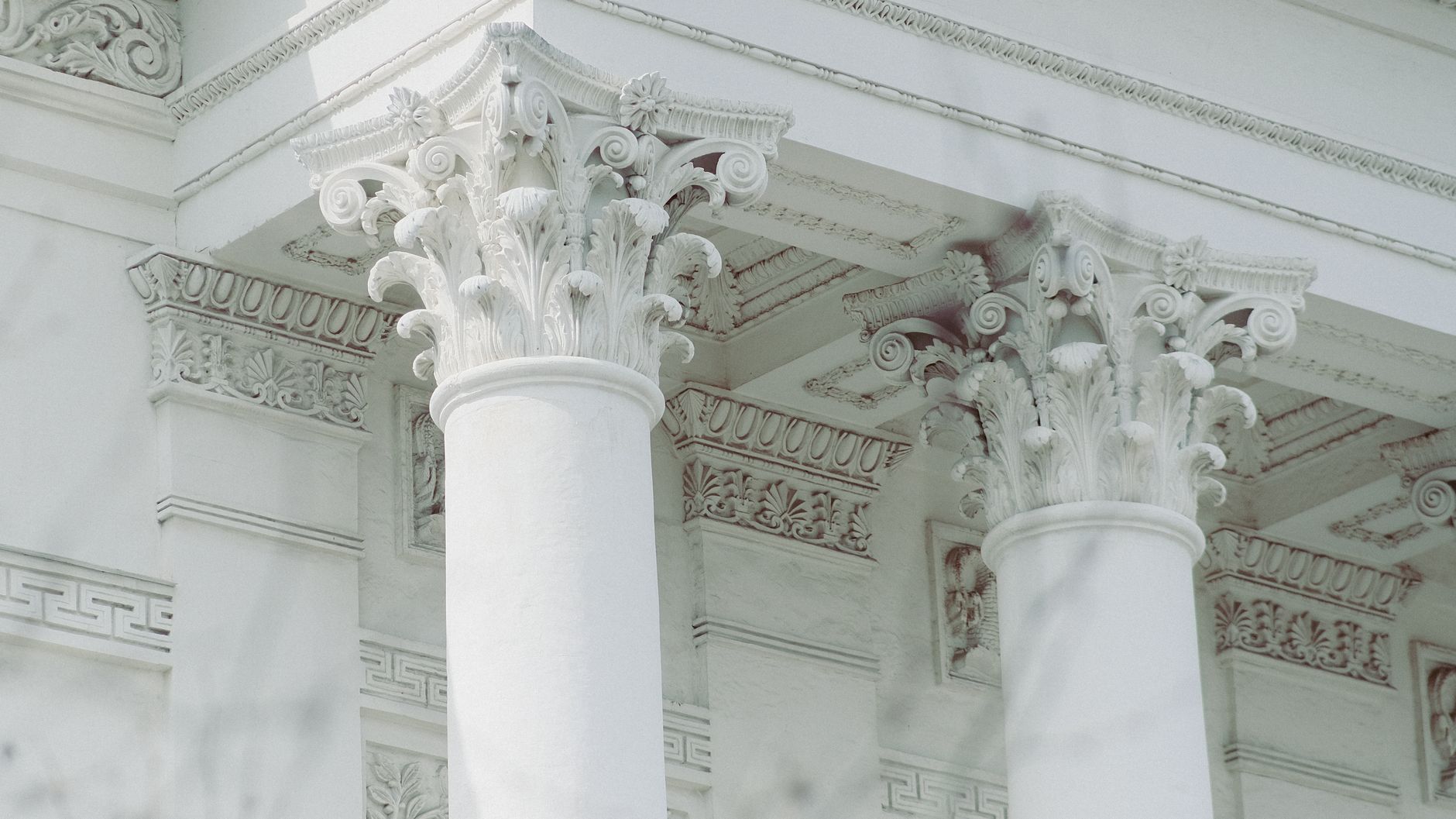Detailed view of classical Corinthian columns with ornate carvings in a white architectural setting.