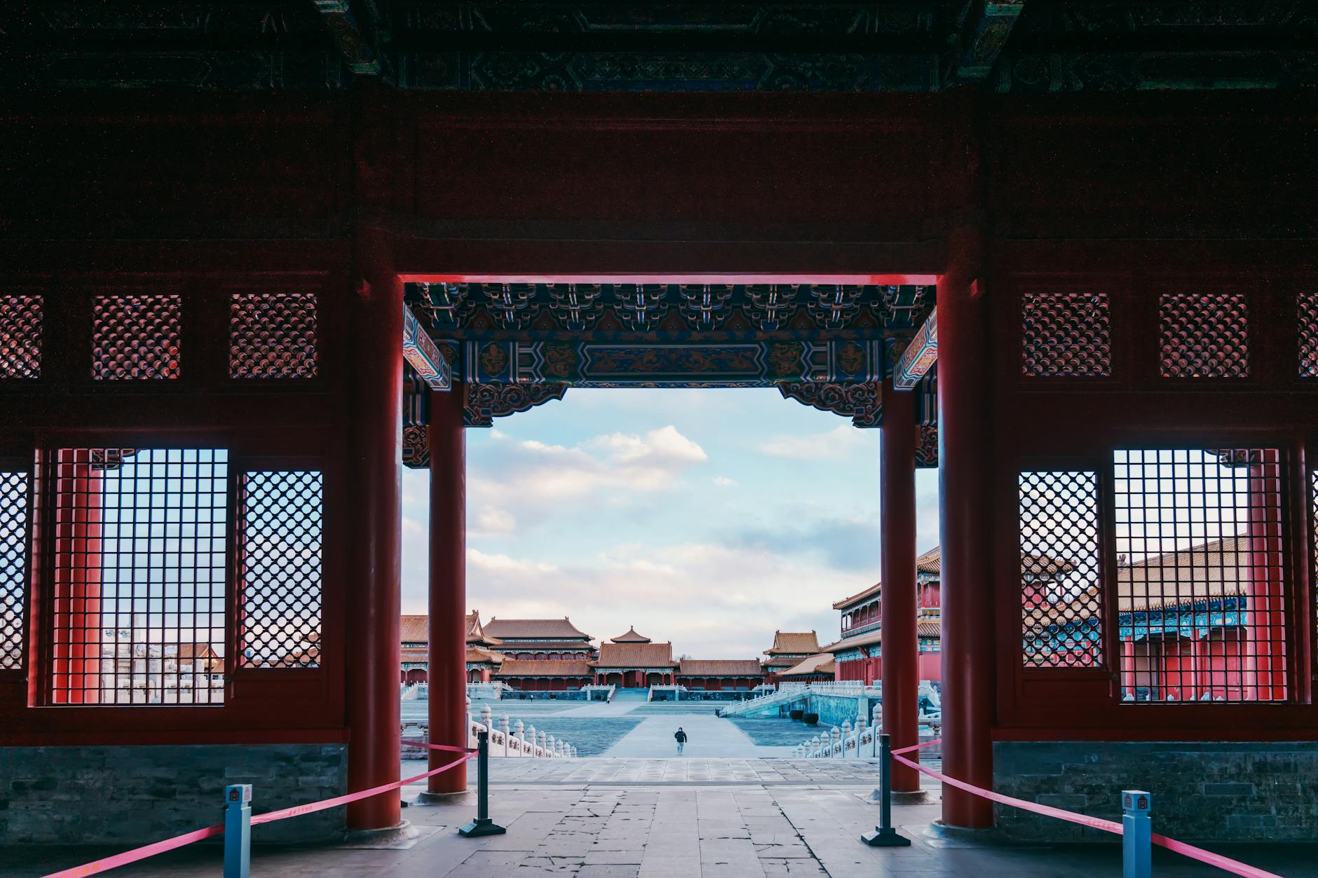 A beautifully framed view of the Forbidden City courtyard in Beijing, China.