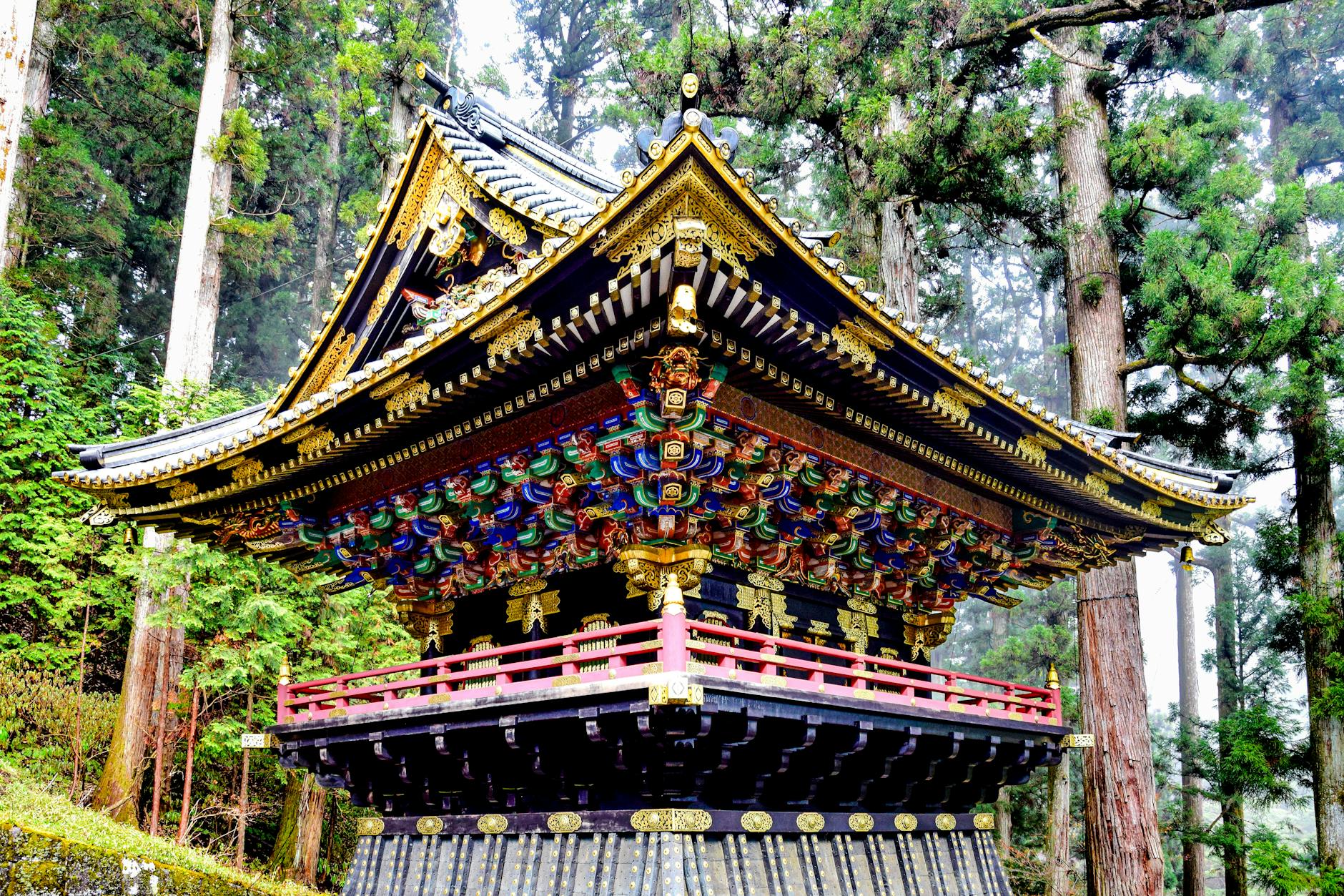 A beautifully ornate Japanese temple amongst towering trees in Nikko, Japan.