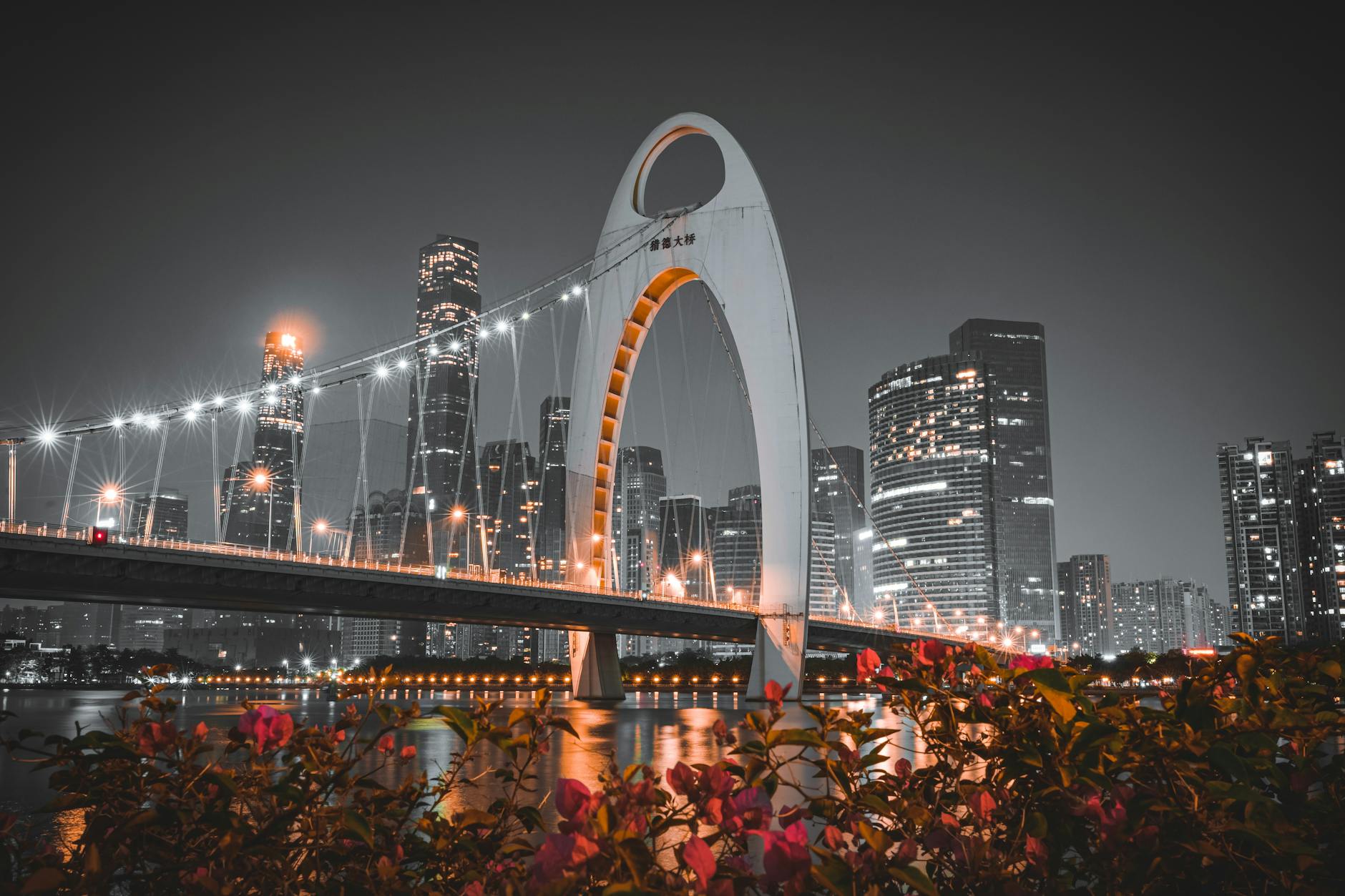 Stunning night view of Guangzhou's Liede Bridge and cityscape, showcasing vibrant urban lights and architecture.