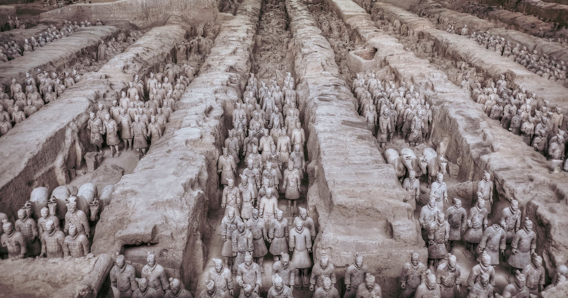 Aerial view of the ancient Terracotta Army in Xi'an, Shaanxi, China.