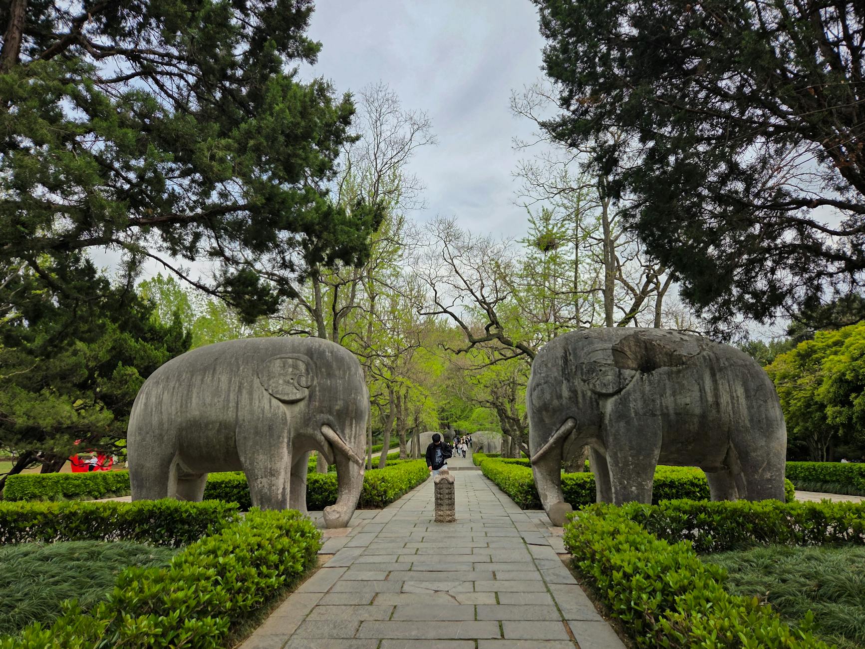 Serene view of stone elephants along the path at Ming Xiaoling Mausoleum in Nanjing, China.