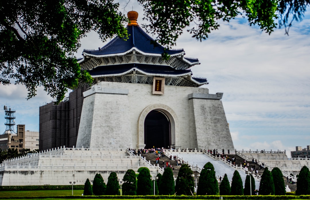 Grand memorial hall with blue roof and stairs