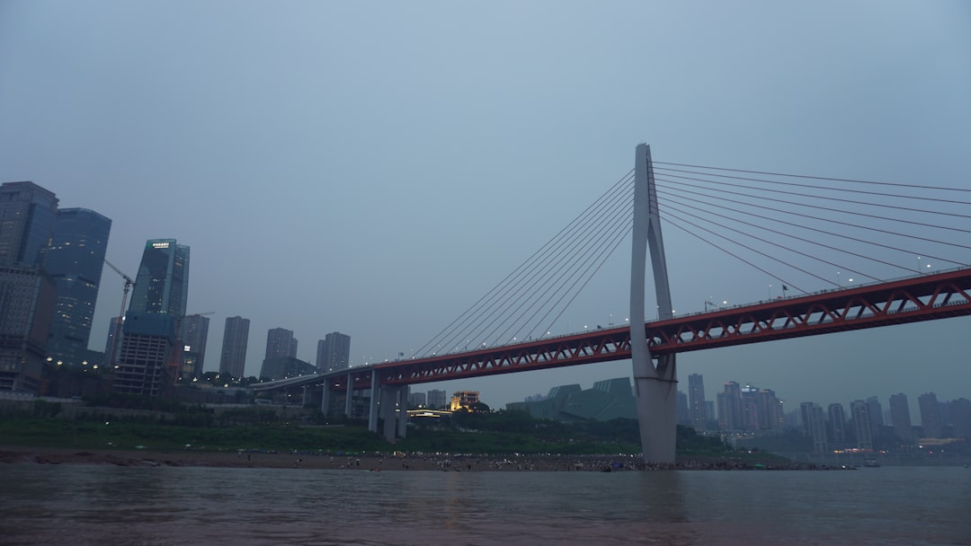 A view of a bridge with a city in the background