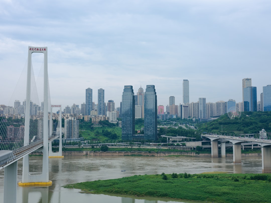 A bridge overlooking a city skyline.