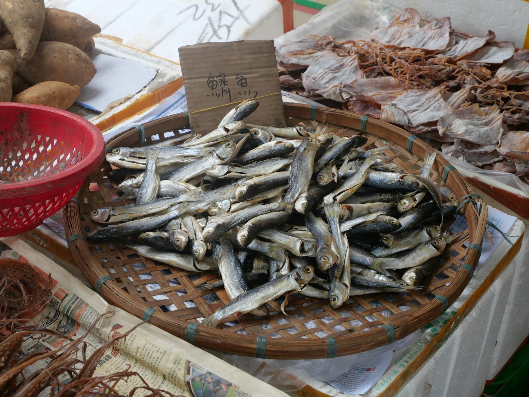 Basket of dried fish displayed at a market in the New Territories, Hong Kong.