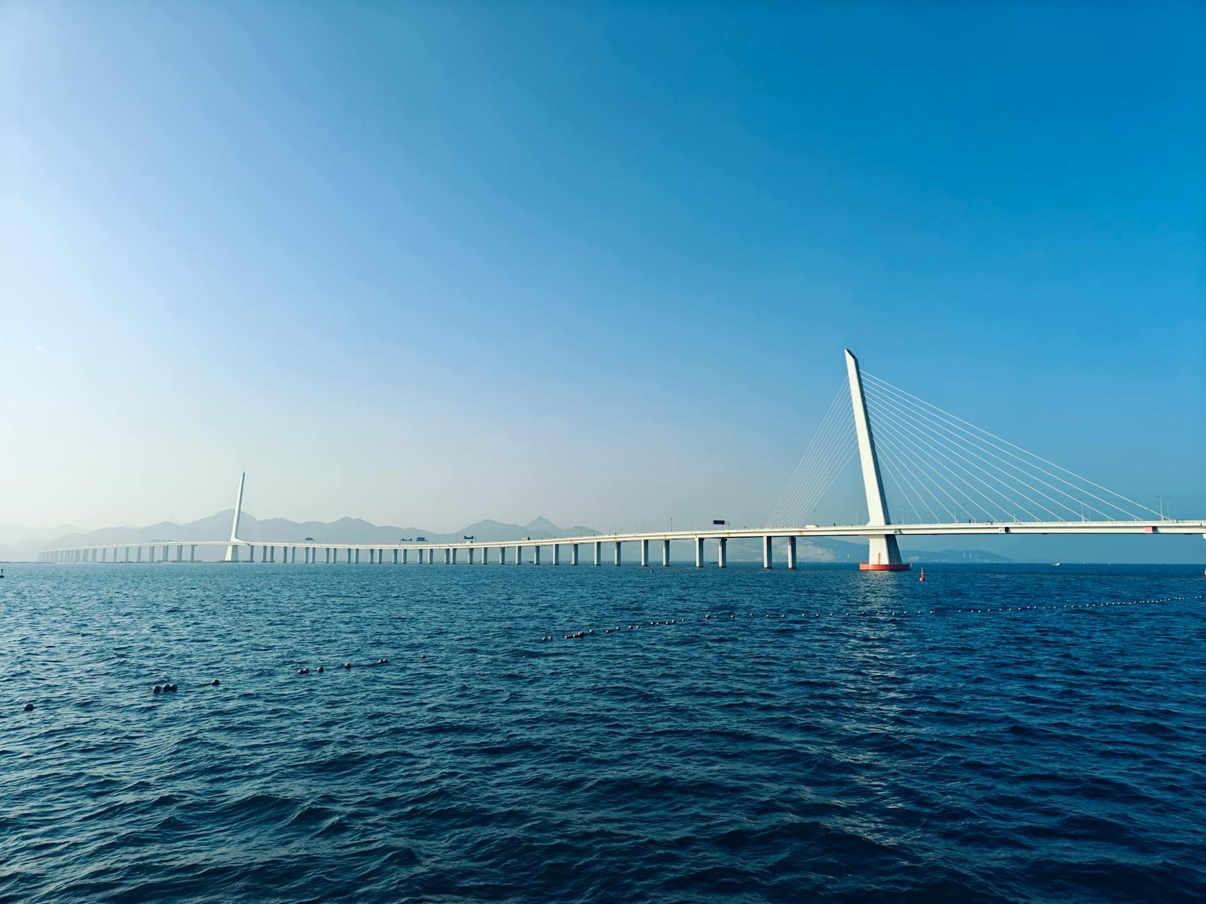 Captivating view of Shenzhen's modern architectural bridge stretching over tranquil waters.