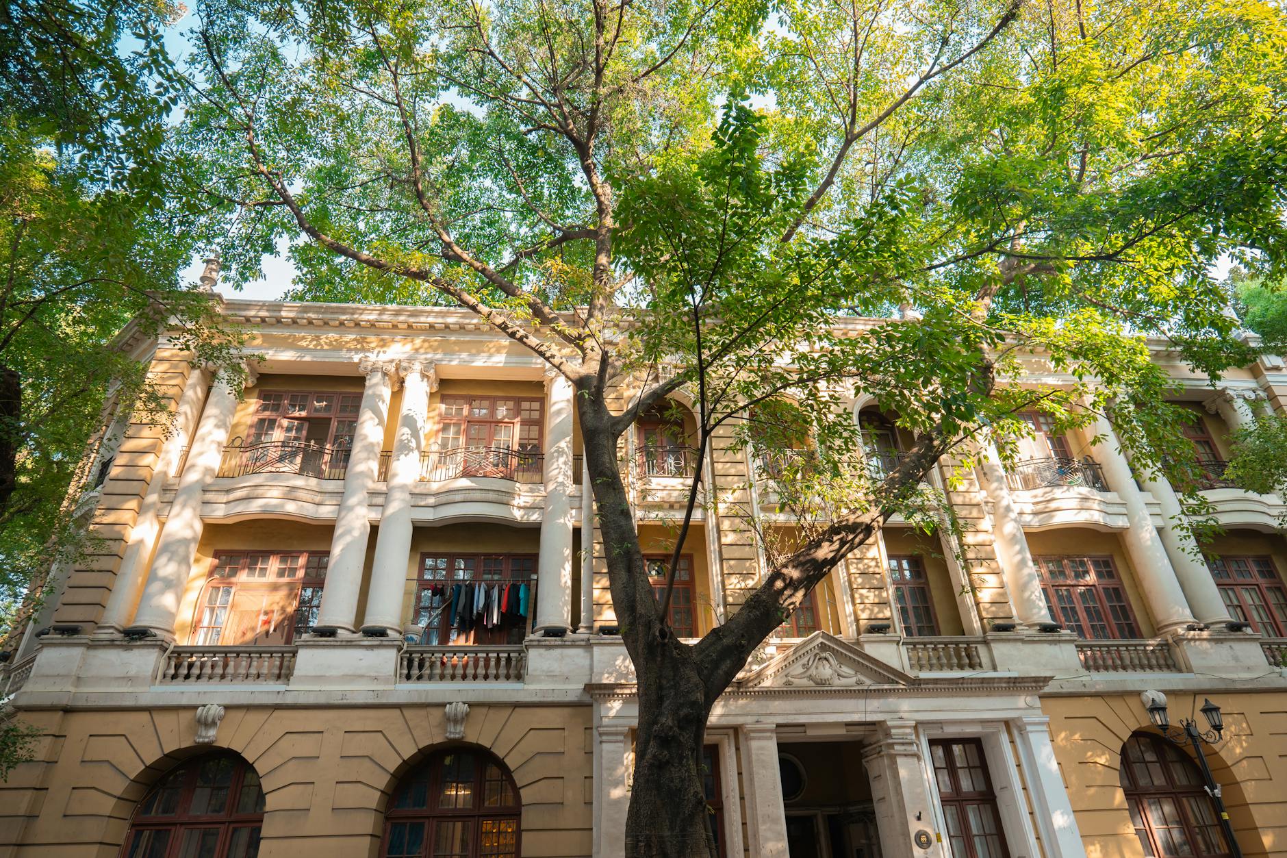A beautiful colonial-style building with sunlit facade and lush green trees.