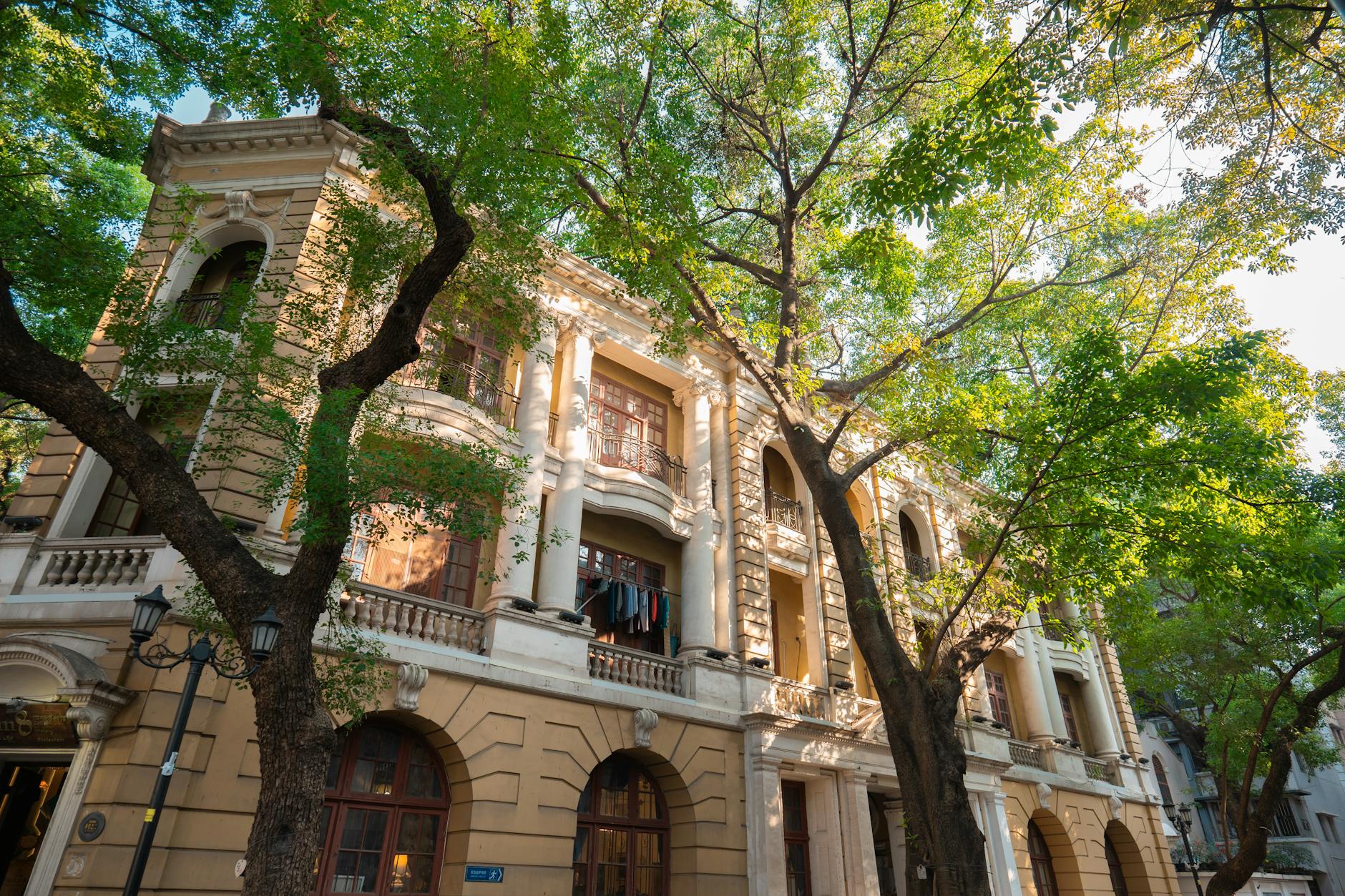 Beautiful historic building with lush tree canopy in a sunlit urban street.