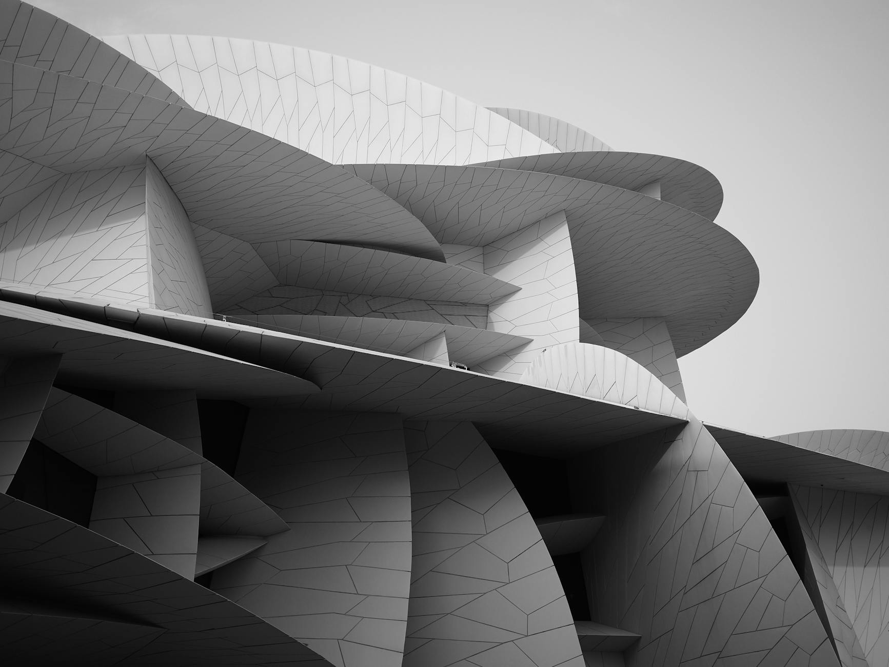 Monochrome view of modern architectural design in Doha, Qatar.