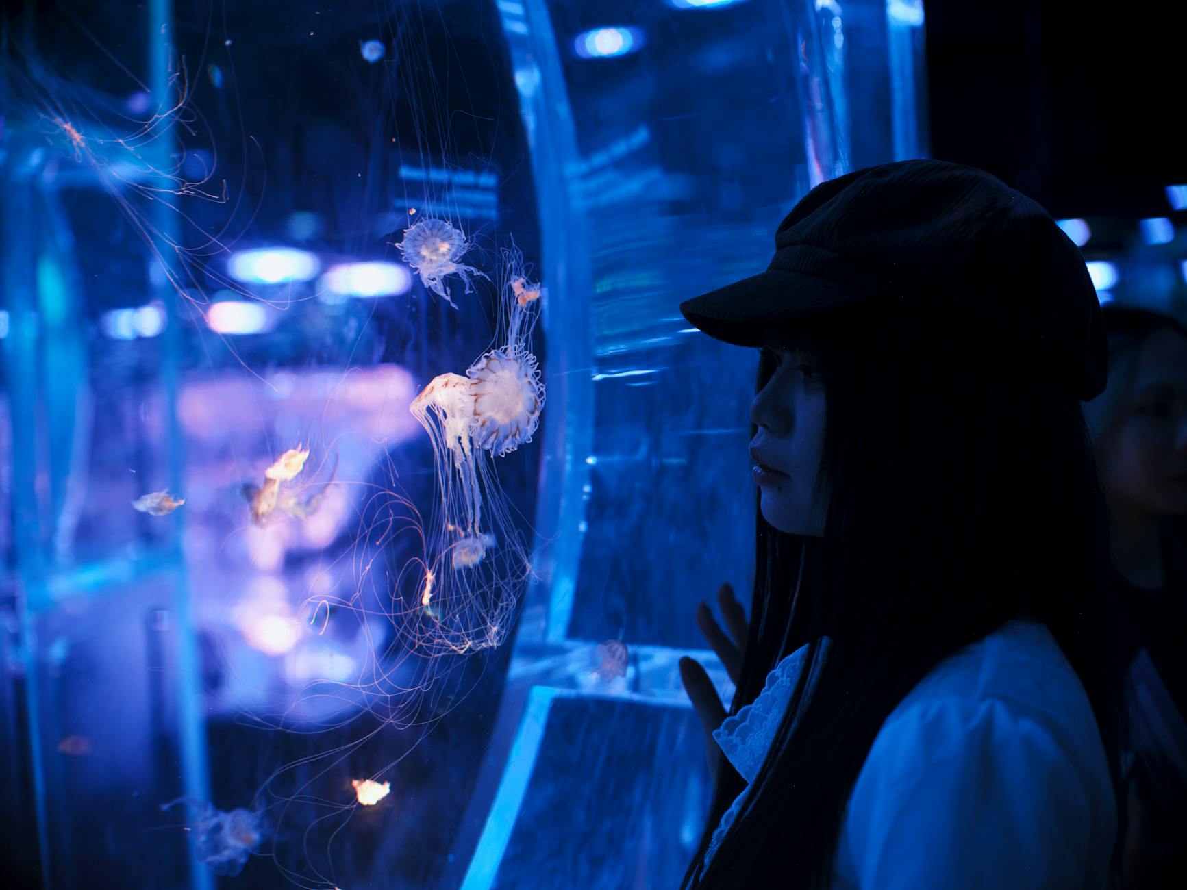 A woman in a hat watches jellyfish illuminated by blue light in an aquarium.