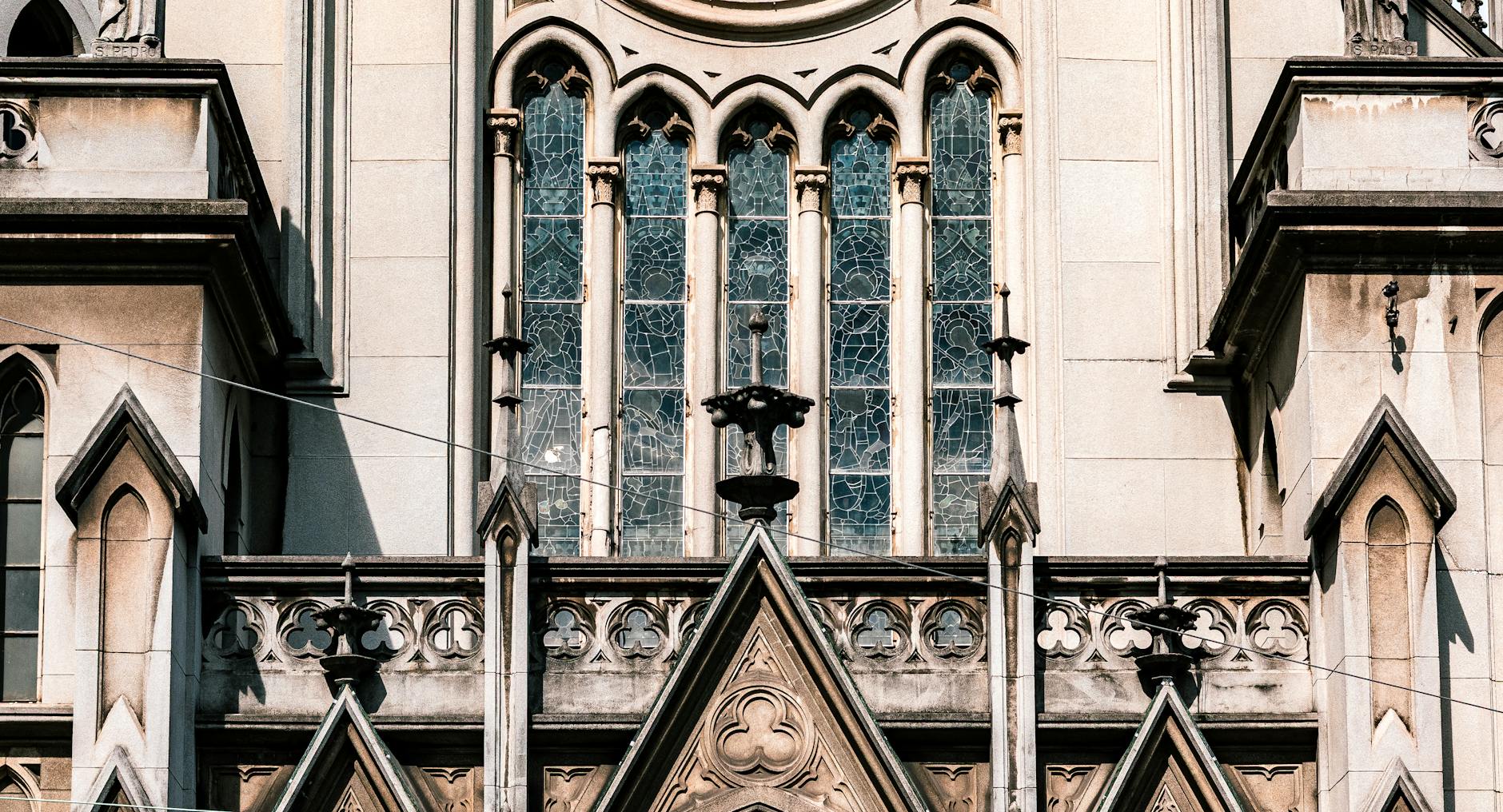 Detailed view of Gothic architecture at a Basilica in Santos, São Paulo.