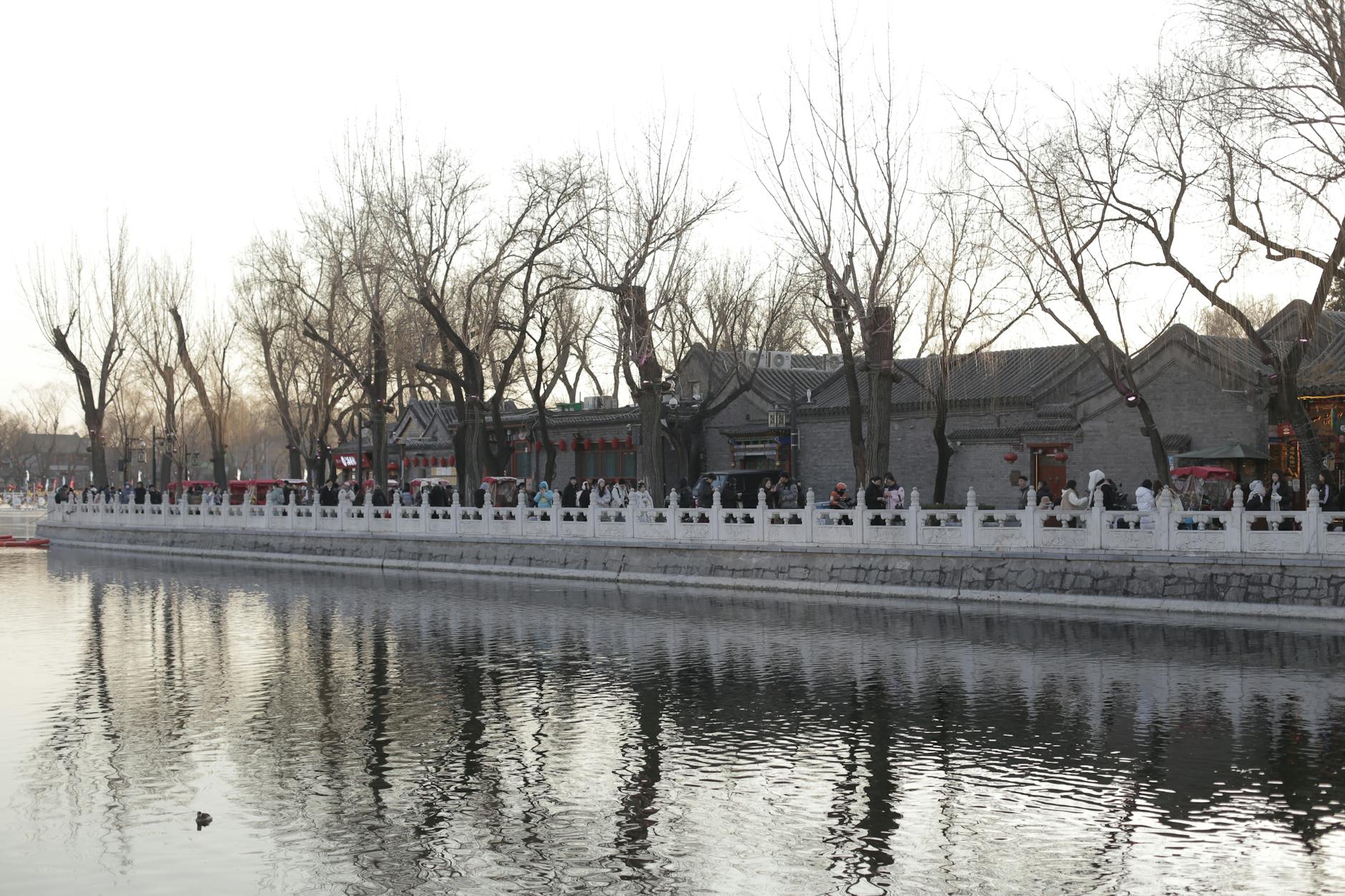 Daily life along Shichahai lakeside in Beijing with bare winter trees and traditional architecture reflecting on the water.