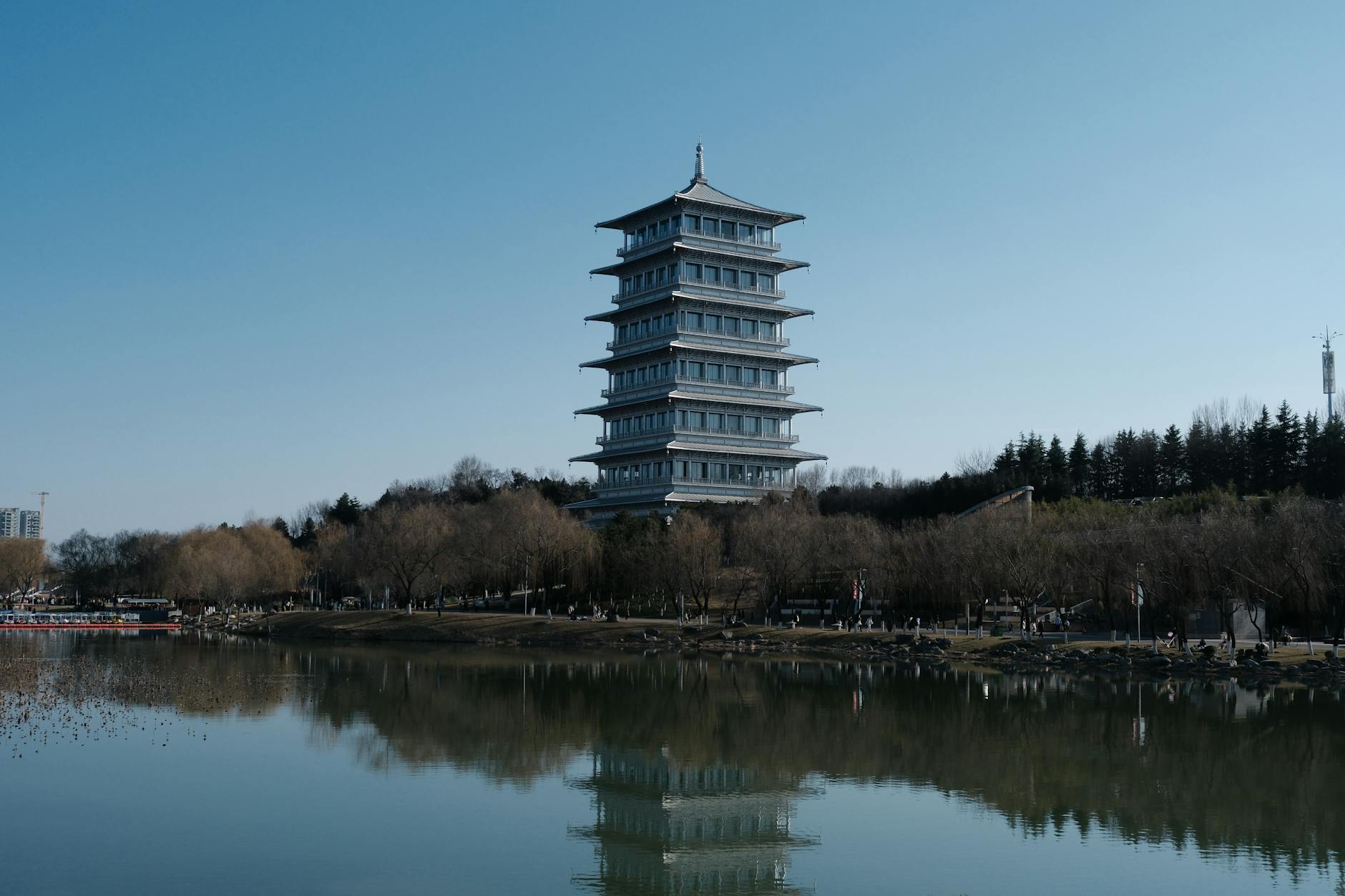Beautiful pagoda tower by a tranquil lake in Xi'an, Shaanxi province, China.