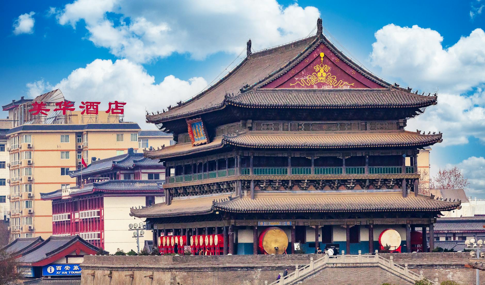 Explore the historic Bell Tower of Xi'an, a captivating blend of ancient architecture amidst modern structures.