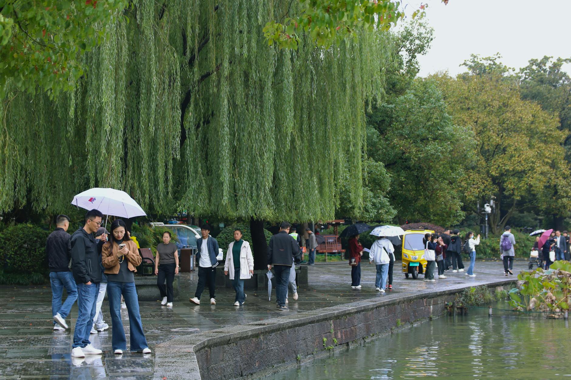 A scenic view of people walking by the West Lake in Hangzhou under willow trees on a cloudy day.