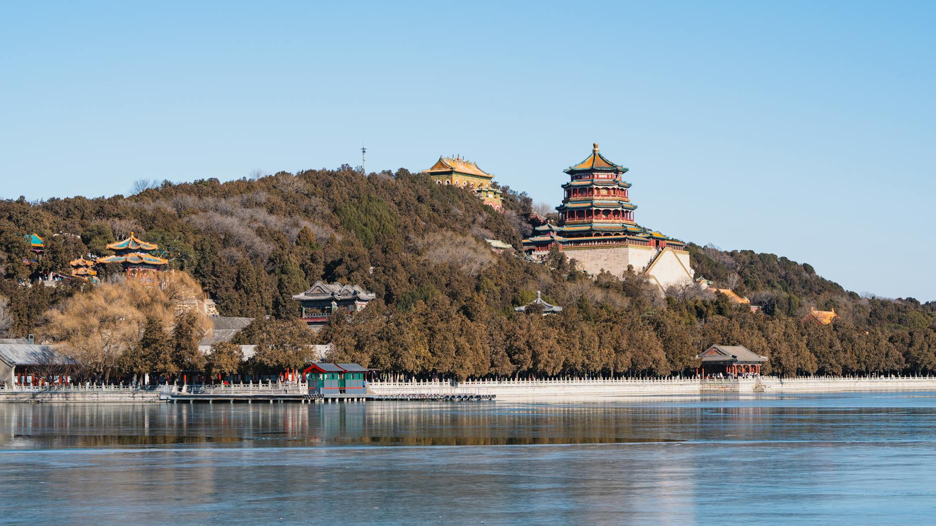 A peaceful view of the Summer Palace in Beijing with clear blue skies and calm waters.