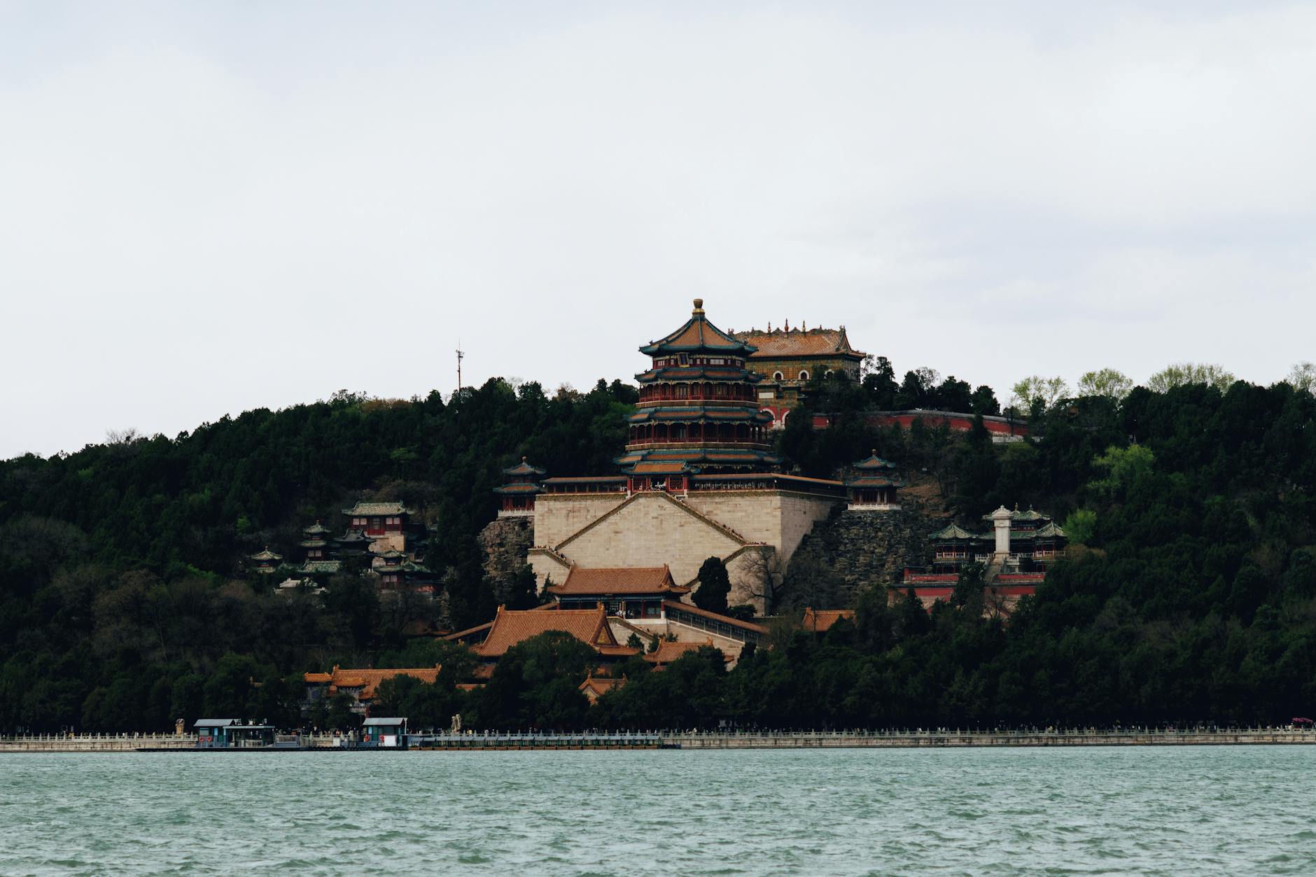 Scenic view of the Summer Palace in Beijing surrounded by lush greenery and serene water.