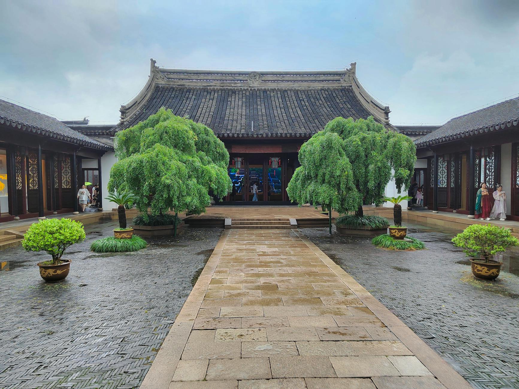 A serene view of classic Chinese garden design with traditional Suzhou architecture.
