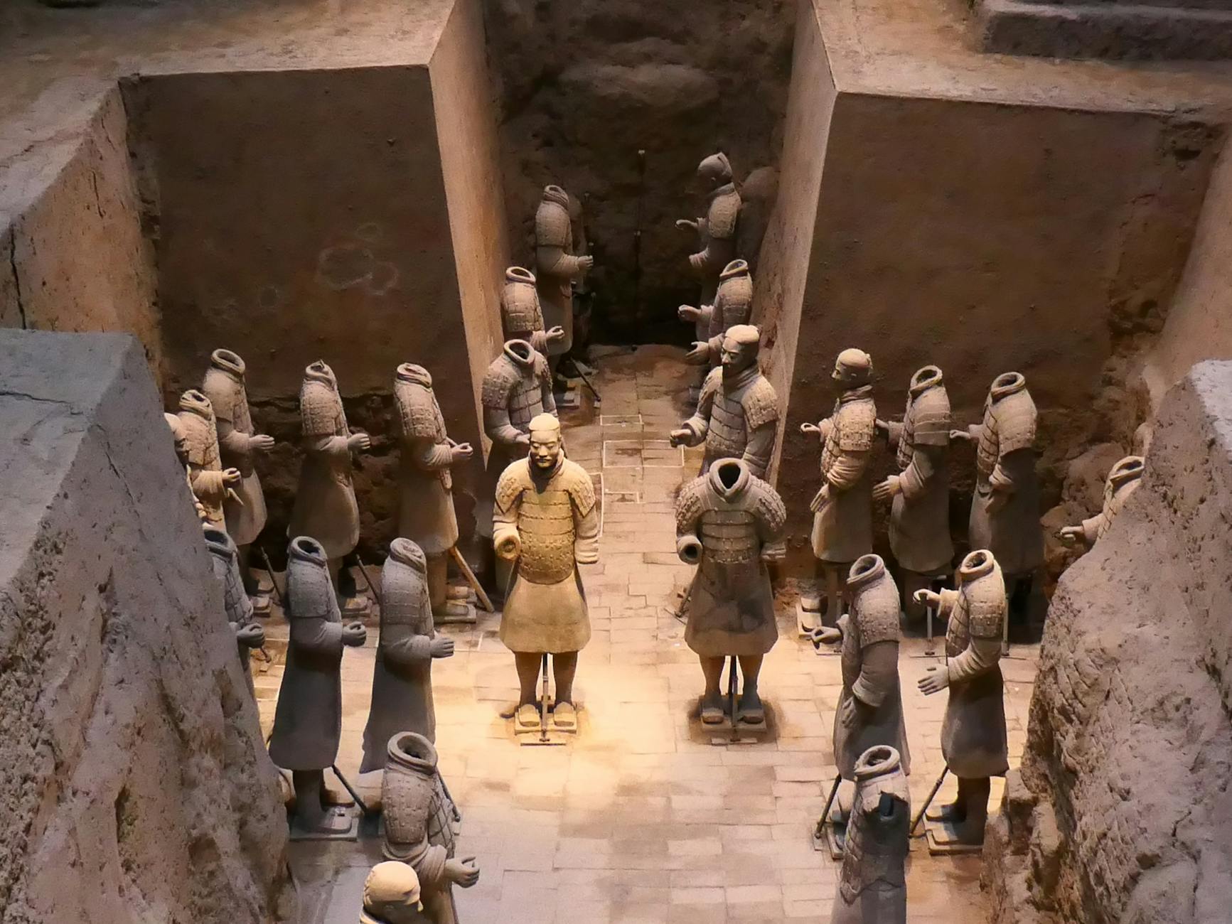 Terracotta Army sculptures in Xi'an, depicting ancient Chinese soldiers guarding the tomb.