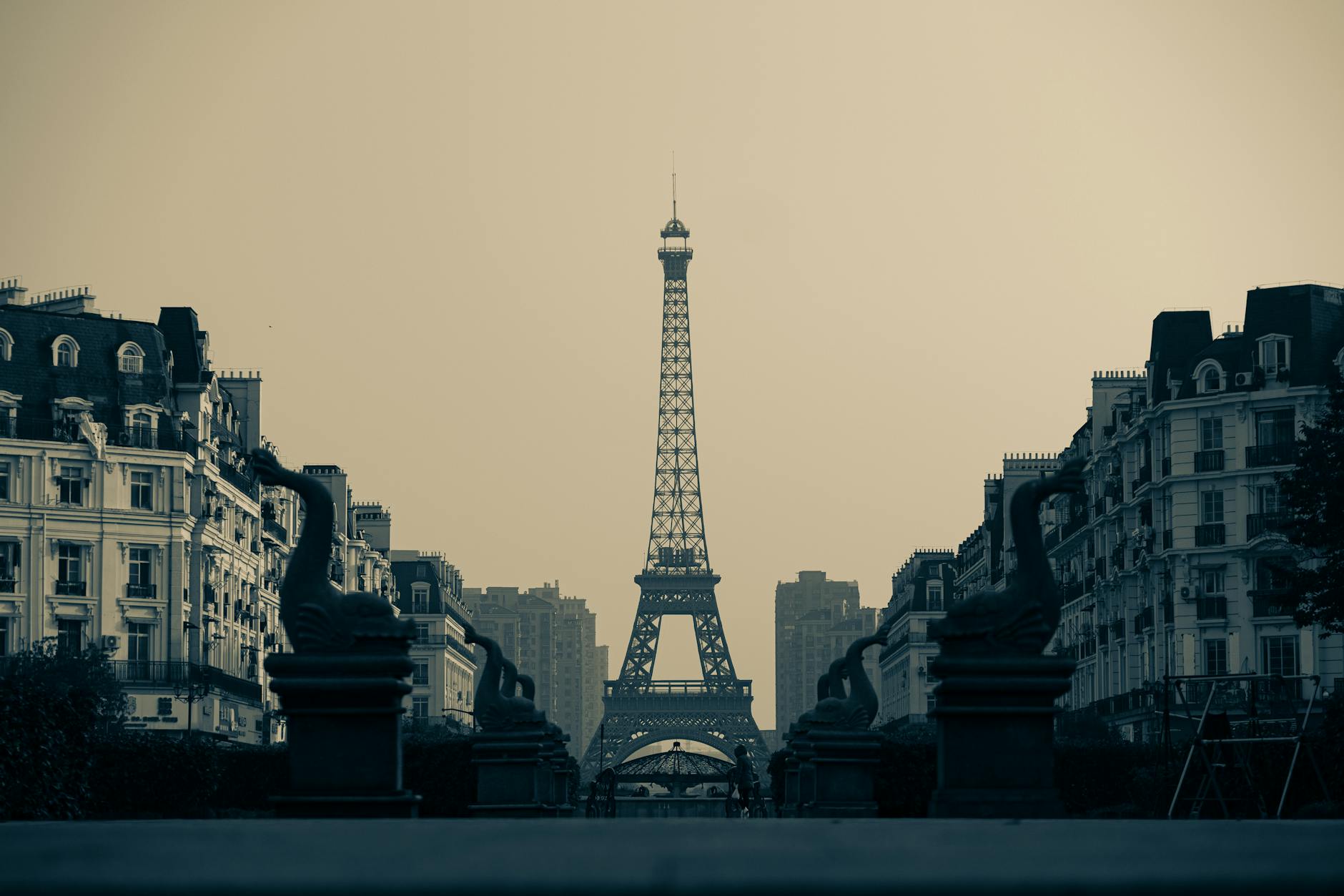 View of the Eiffel Tower replica in Tianducheng with surrounding architecture, creating a unique urban atmosphere.
