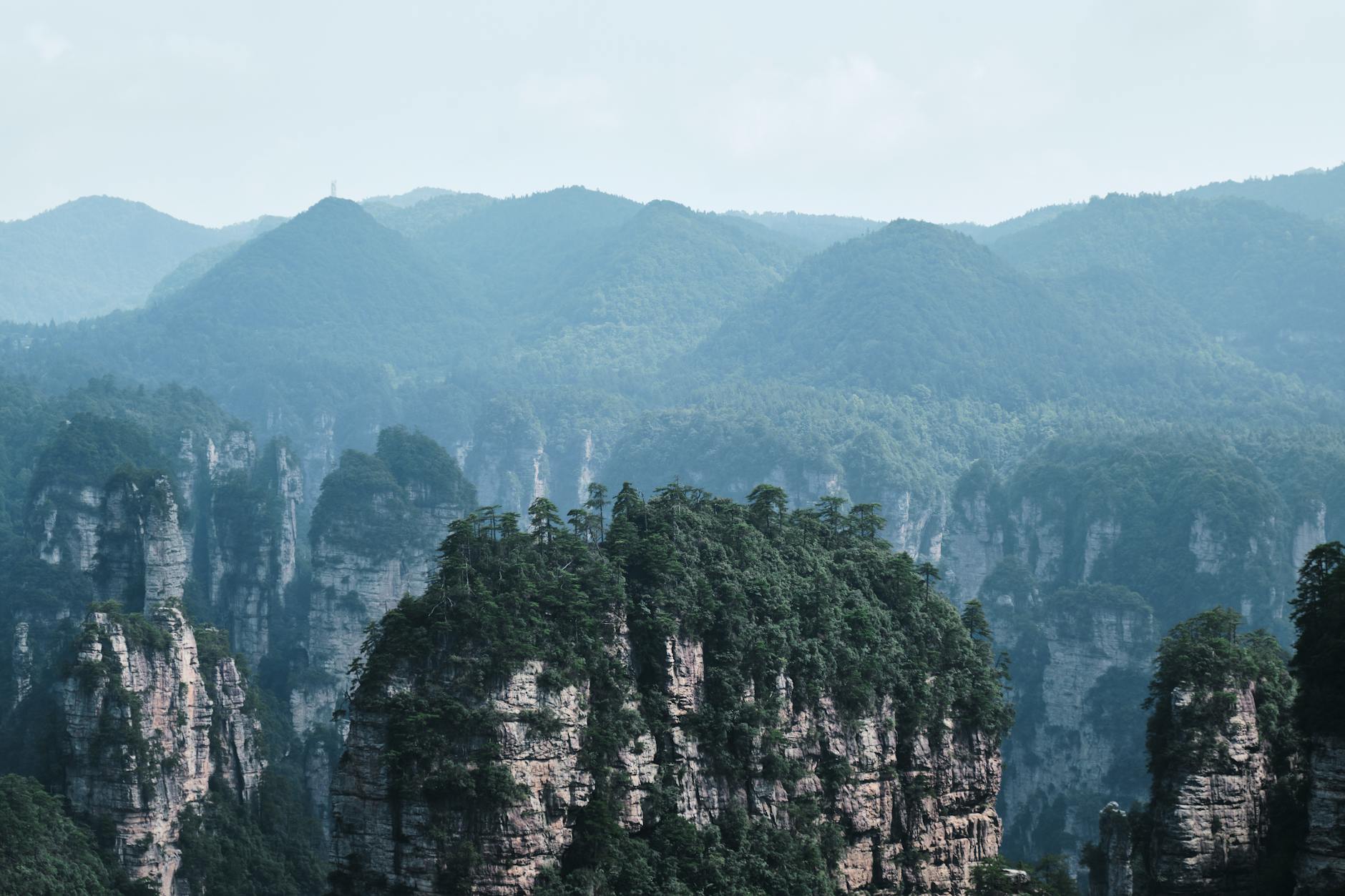 Stunning view of Zhangjiajie's iconic sandstone pillars and lush mountains.