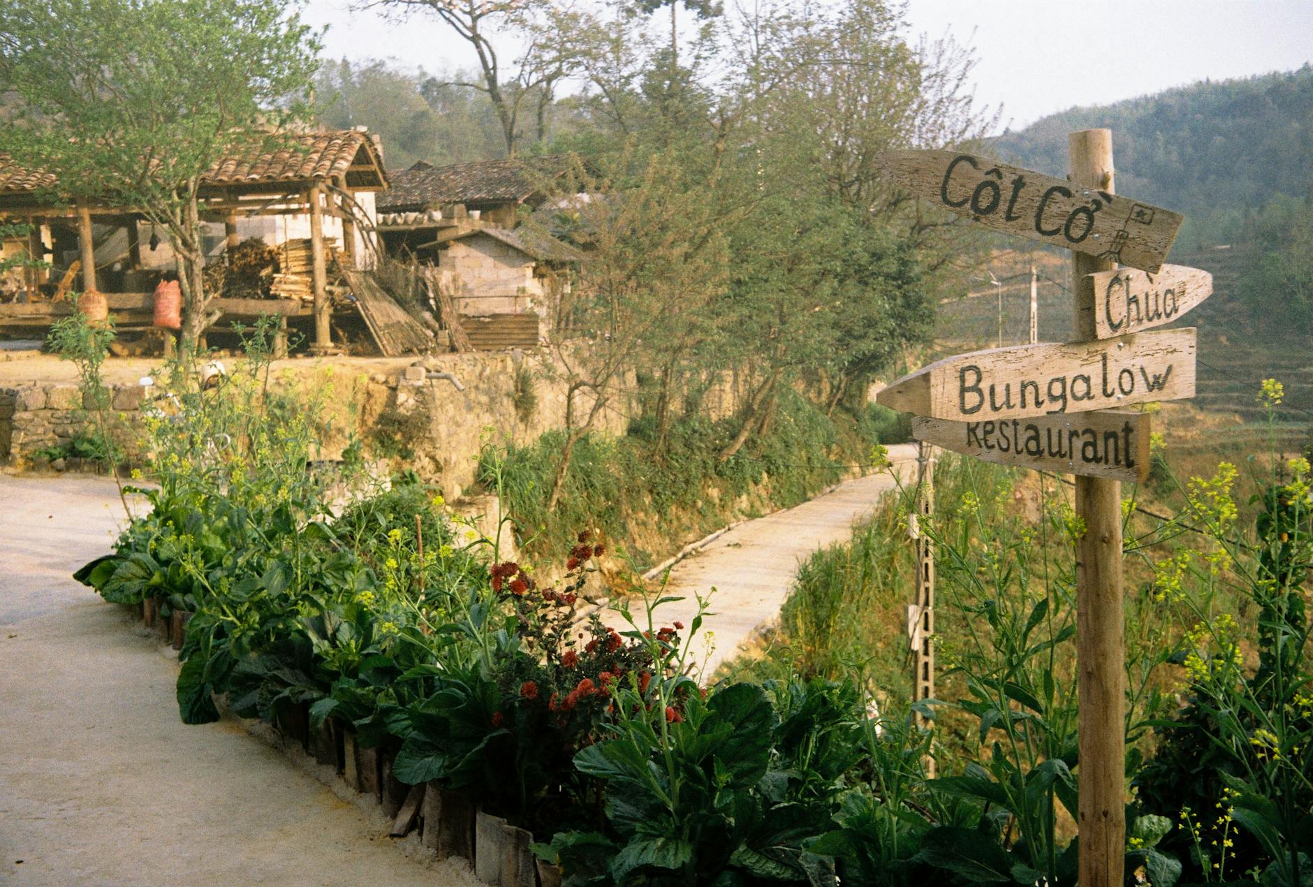 Charming village signage surrounded by greenery in a serene countryside setting.