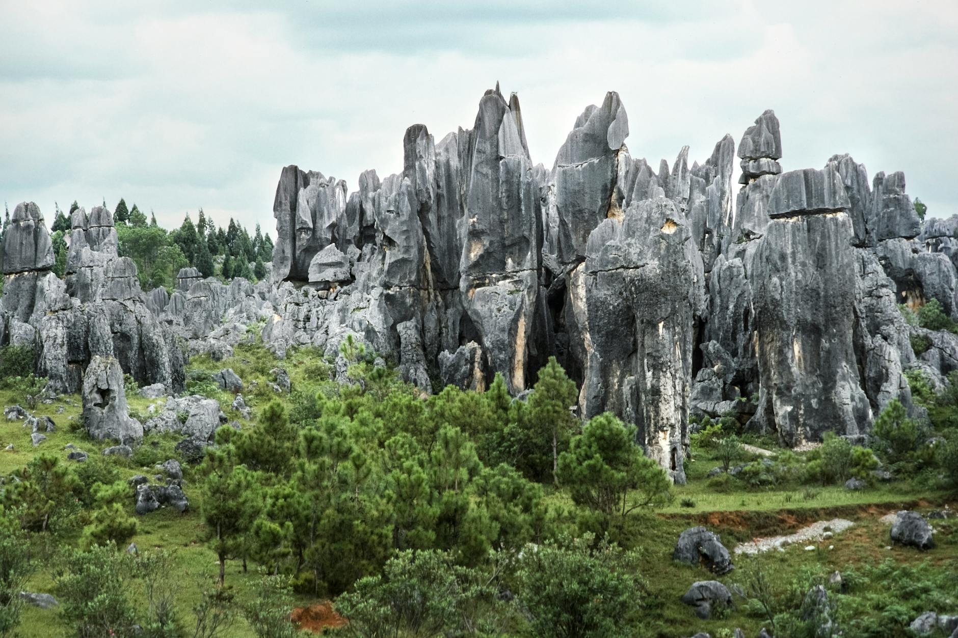 Dramatic karst formations in the Stone Forest, capturing natural beauty.