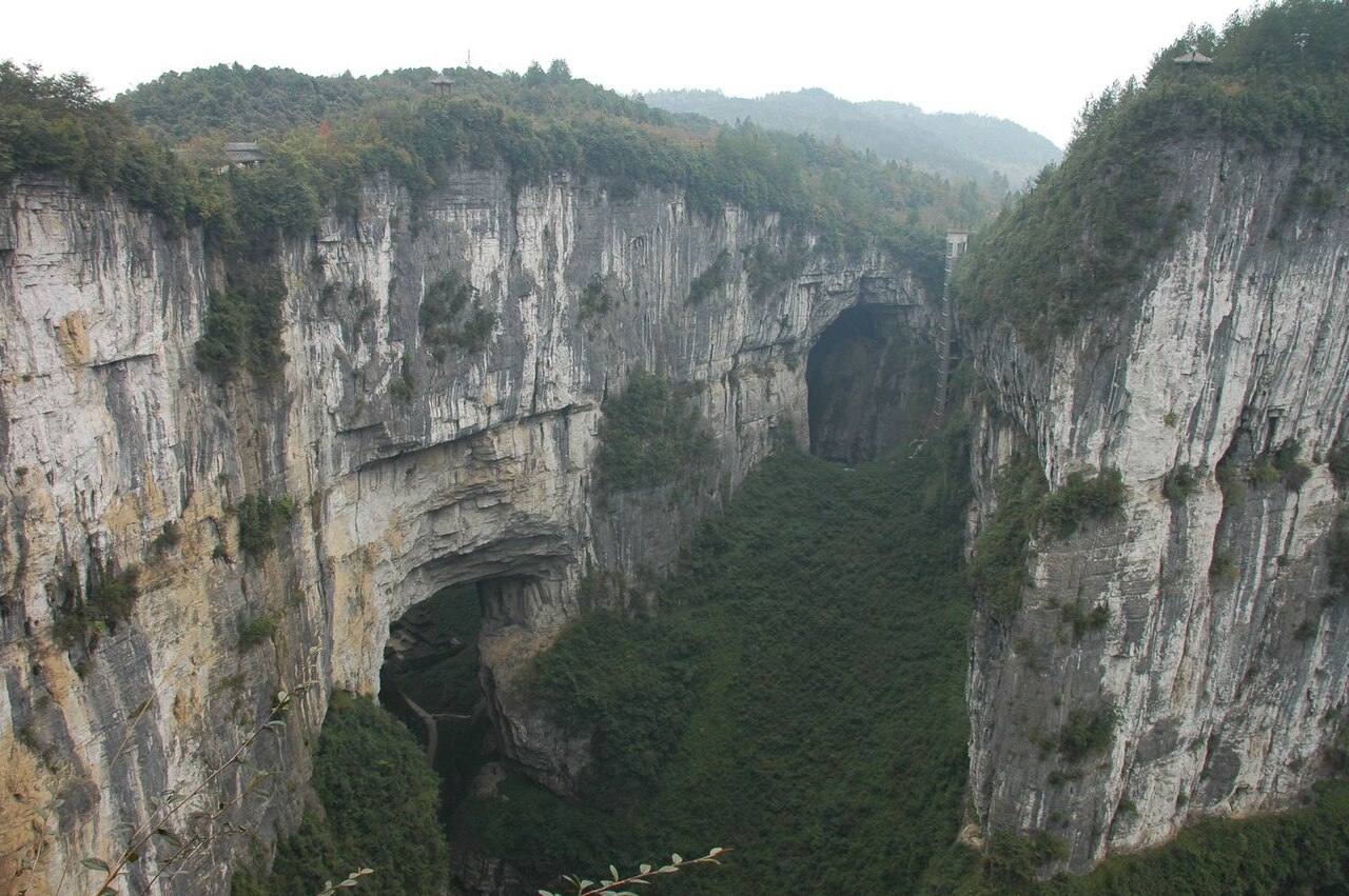 One of the three natural bridges at "Sanqiao Tiankeng" Three Natural Bridges. This is formed by roof collapse of a river cave. Located in Wulong, a provincial-l