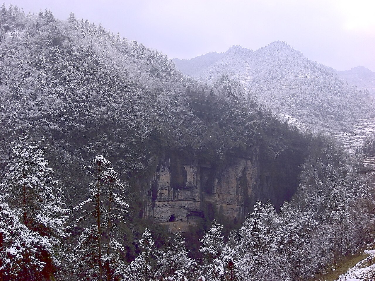 Niubizidong Tiankeng during the winter. Located in the Qingkou Tiankeng cluster of the Wulong Karst.
