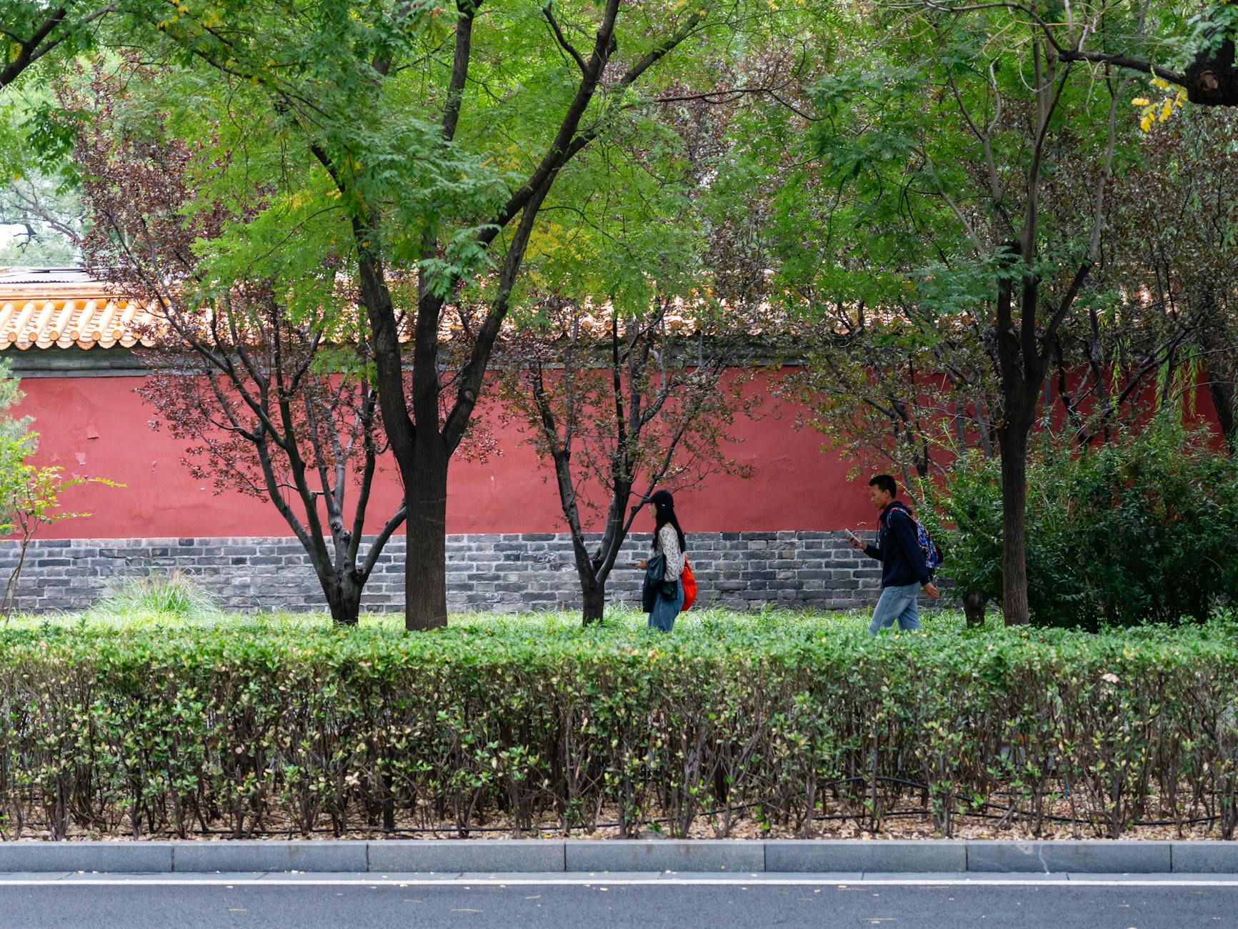 Two adults walk by a traditional red wall in Beijing, surrounded by lush trees during the daytime.