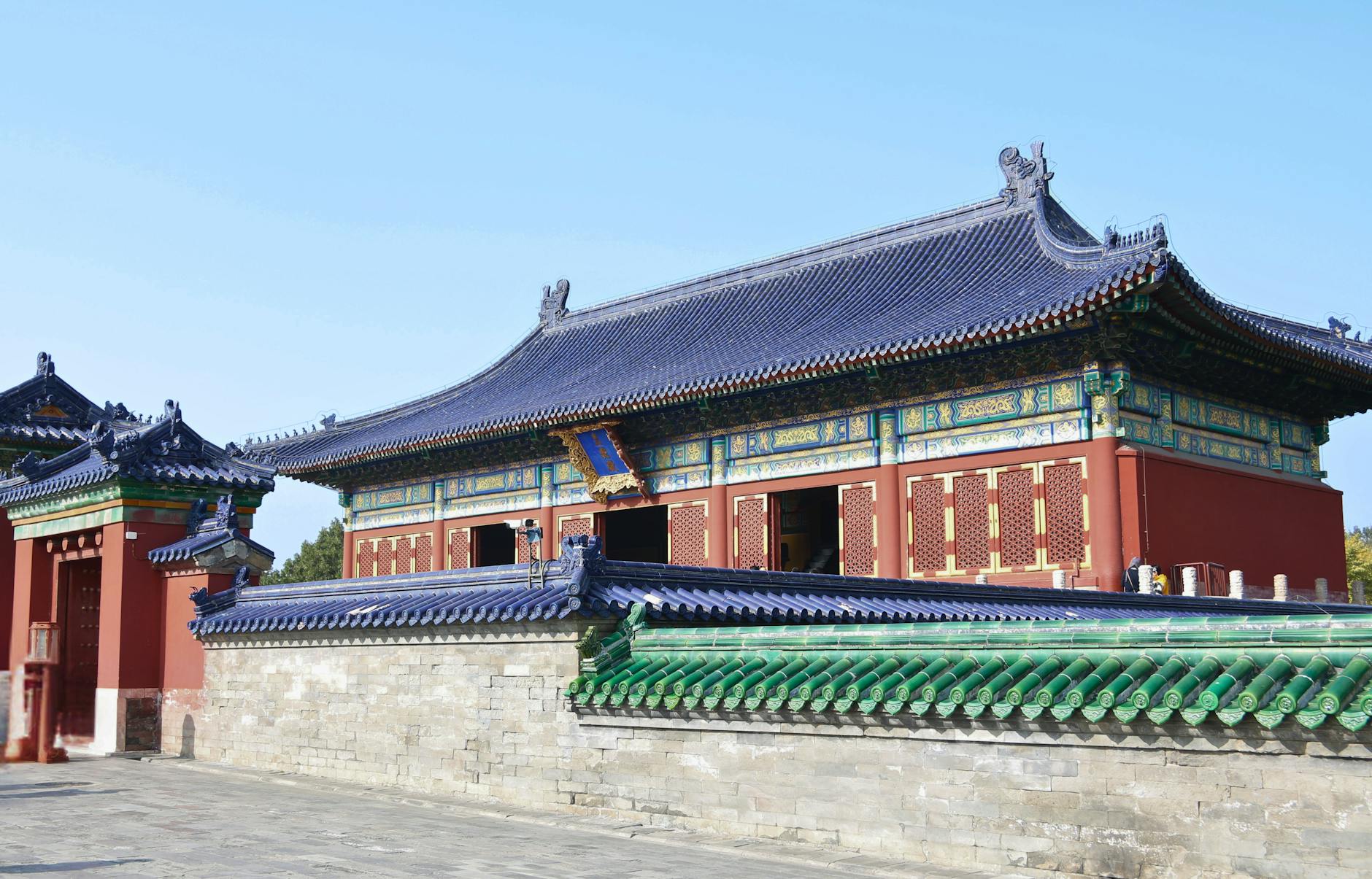 Exterior view of a historic temple in Beijing, China, showcasing traditional Chinese architecture.